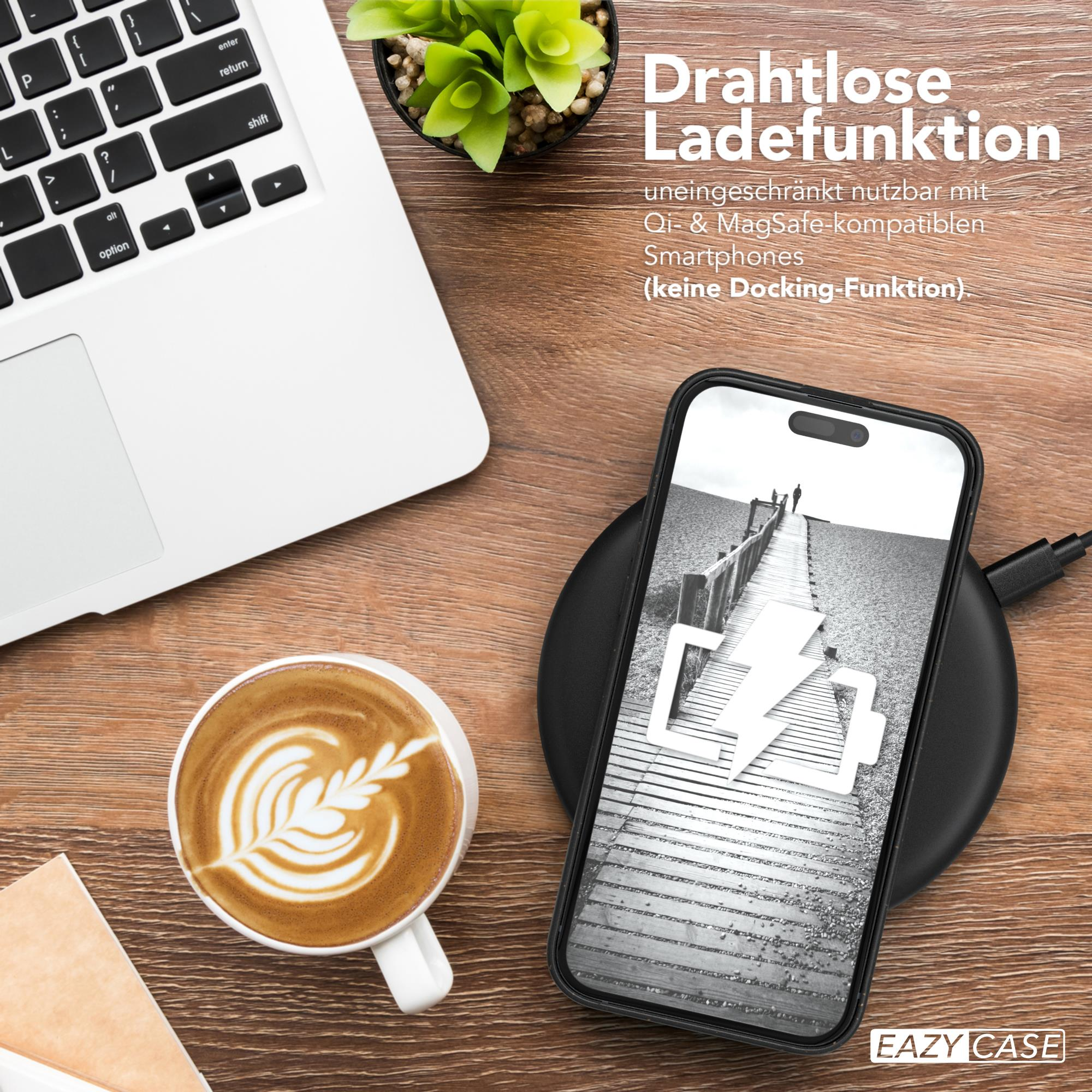 Smartphone auf Ladegerät. Text sagt kabelloses Laden. Laptop und Kaffeetasse auf dem Tisch.