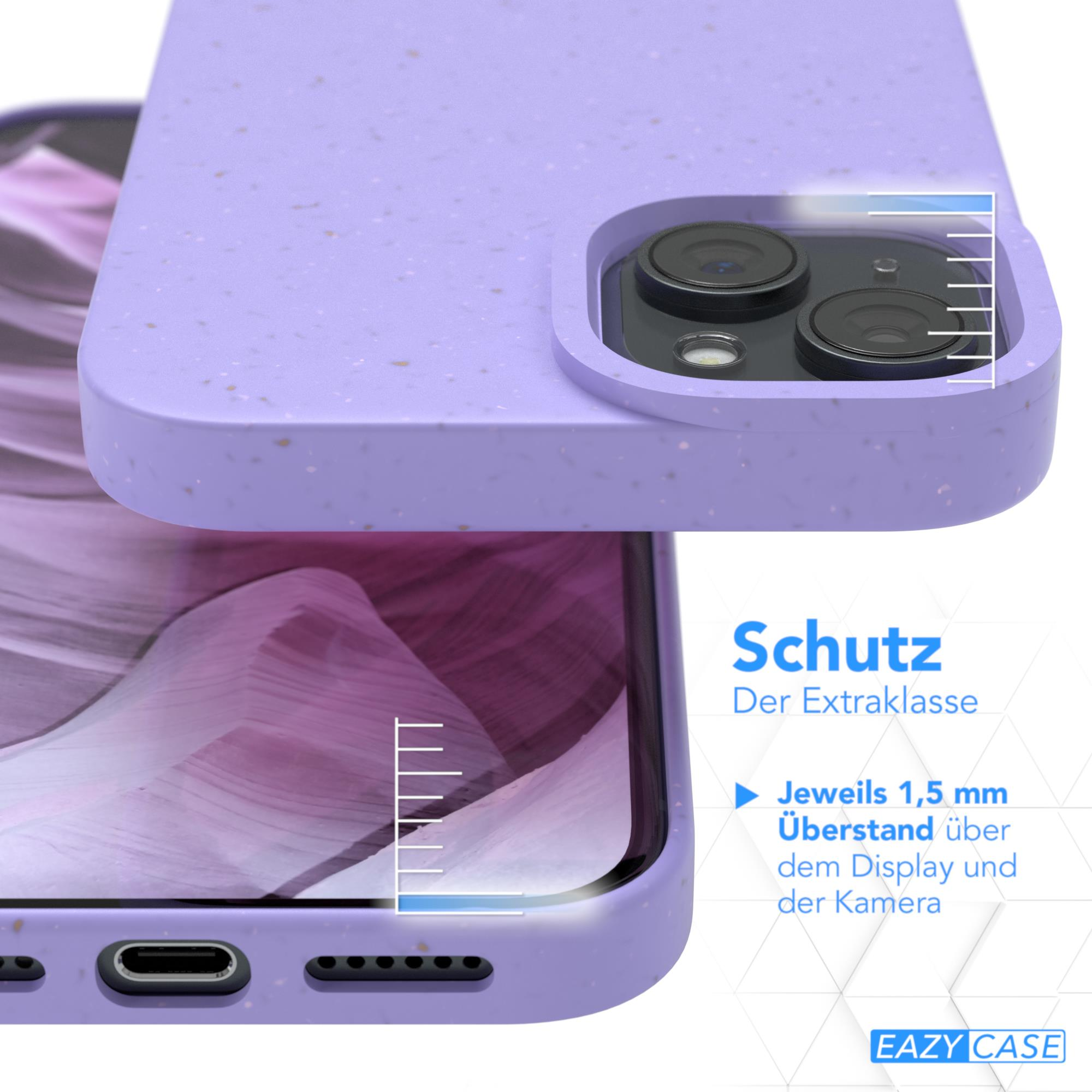 Eine lila Handyhülle mit Kameraausschnitt, Produktdetails und dem Eazy Case-Logo.