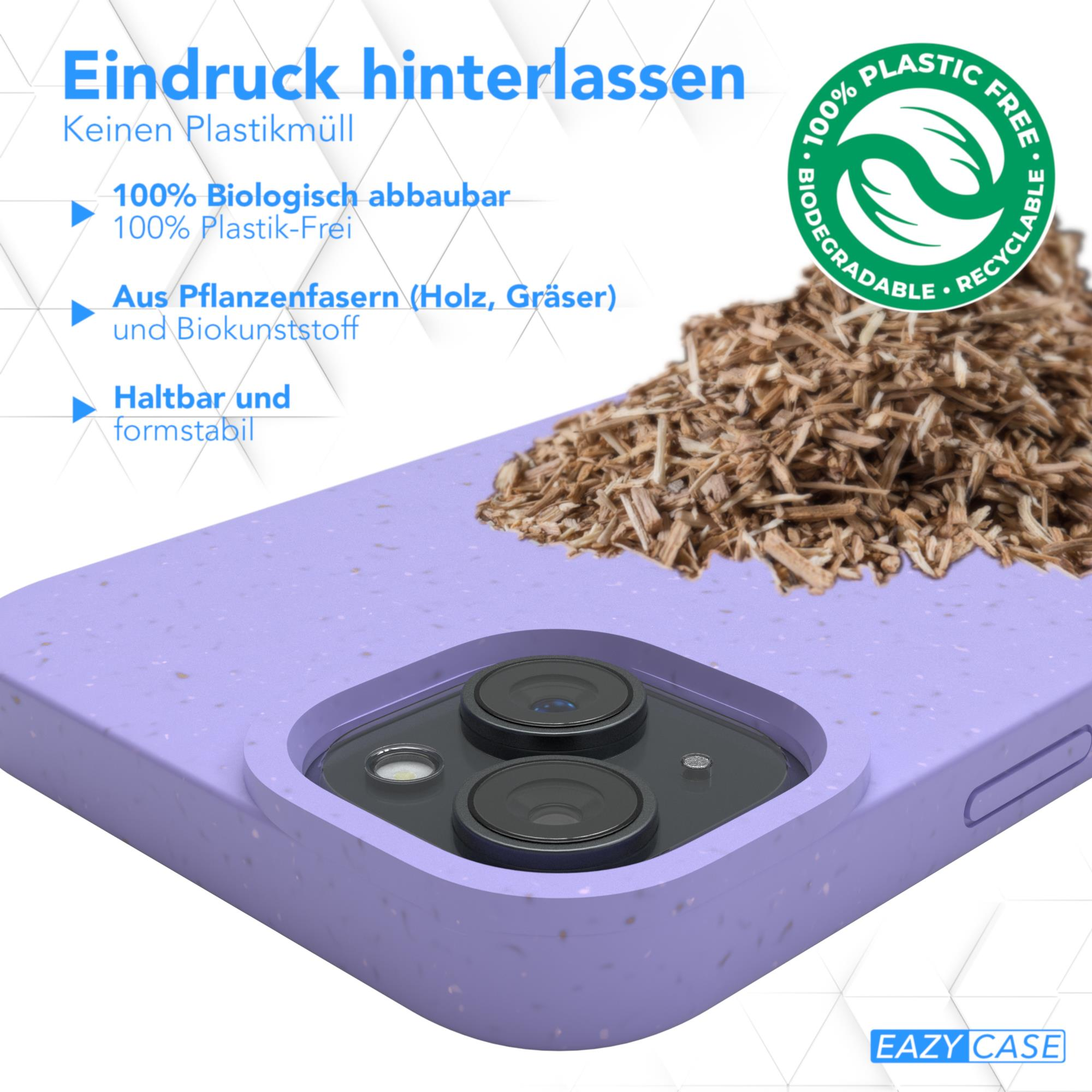 Lila Handyhülle mit Holzspänen. Text enthält: biologisch abbaubar, plastikfrei, Pflanzenfasern.