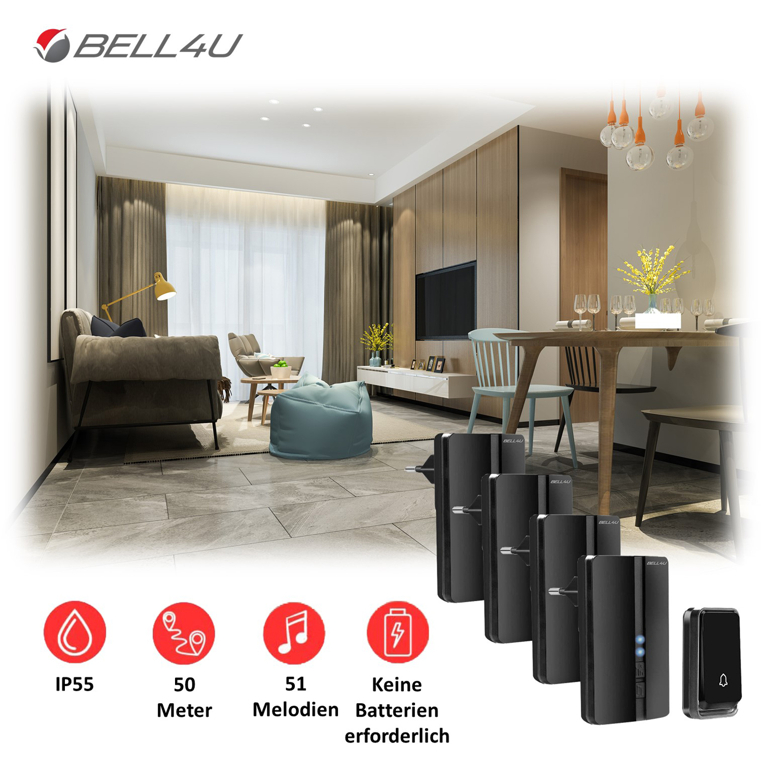 BELL4U Batterielos - 4 Empfänger Türklingel