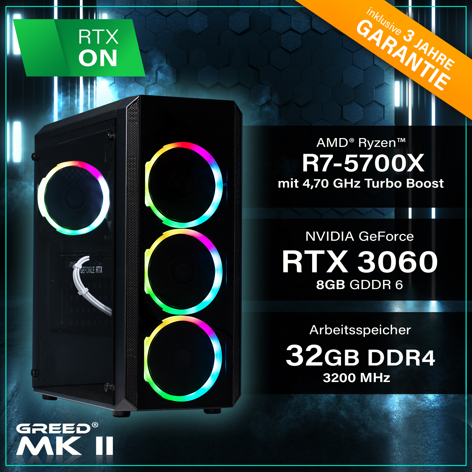 GREED MK2 AMD, Windows, GeForce 3060 SSD, Gaming-PC, RAM, NVIDIA TB 32 GB 1 RTX™