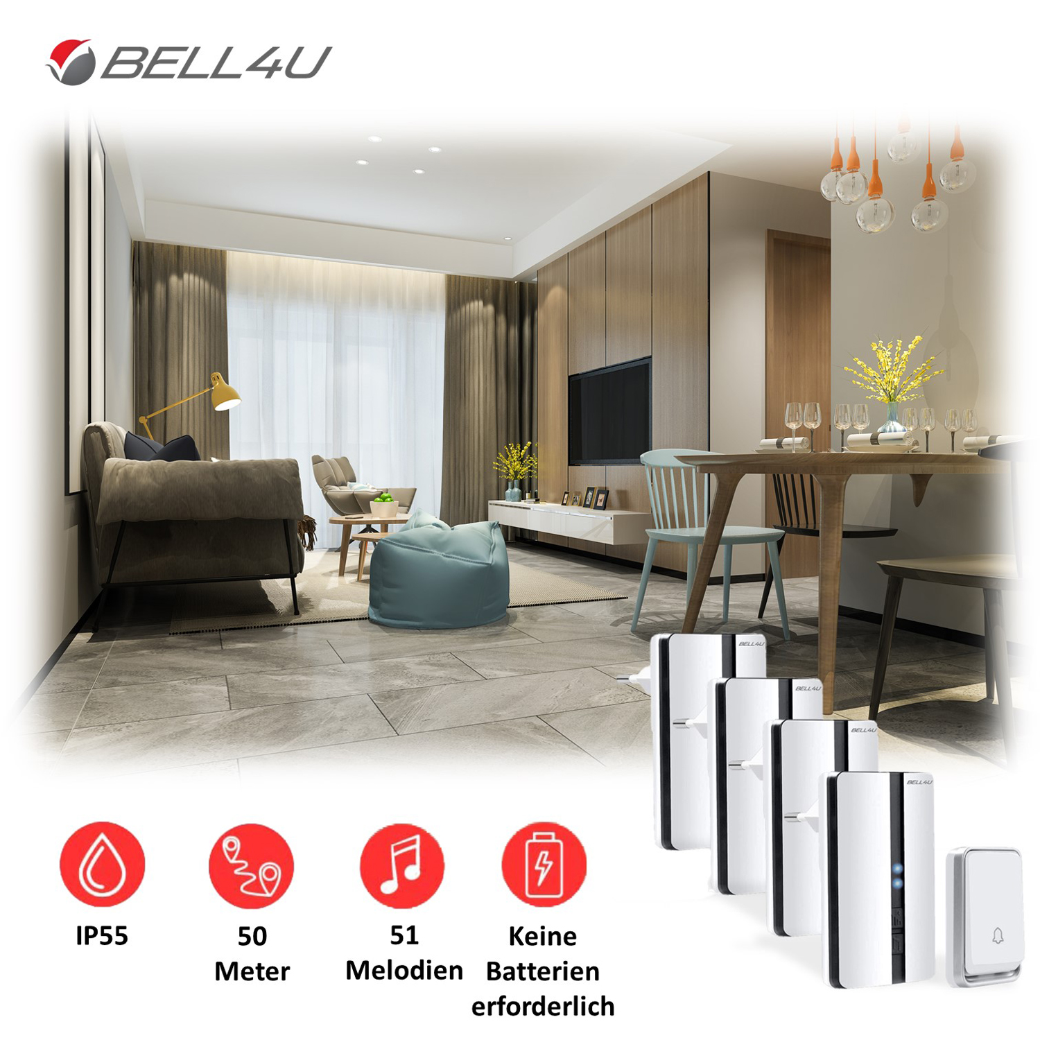 BELL4U Batterielos Empfänger - 4 Türklingel