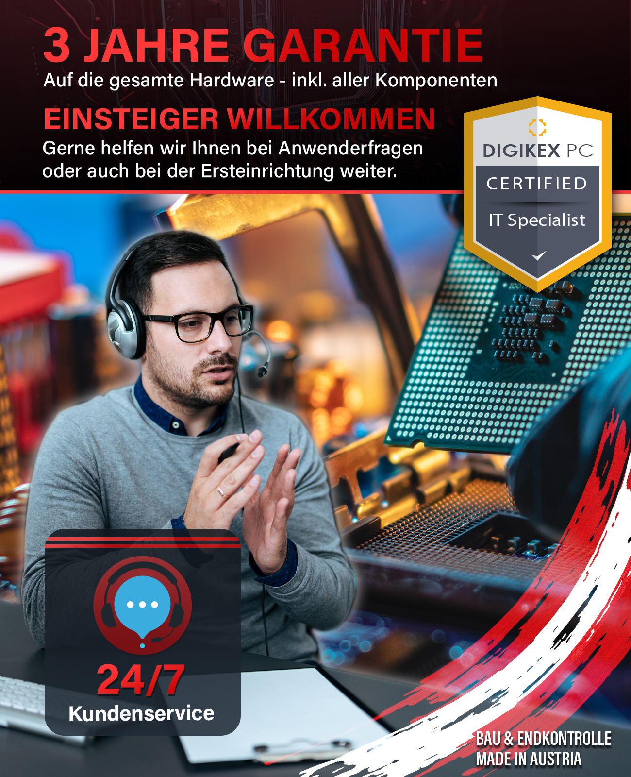 Mężczyzna w okularach z zestawem słuchawkowym. Znajduje się przed komponentami komputera.