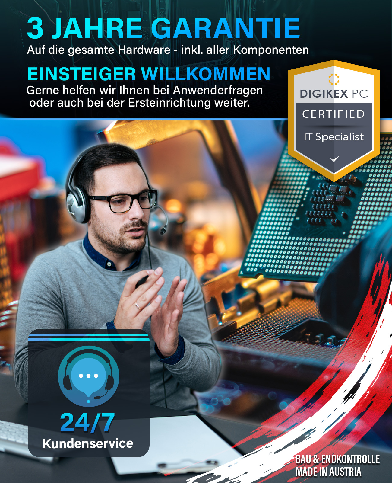 Mężczyzna z zestawem słuchawkowym, okularami i komputerem, rozmawiający. Tekst po niemiecku: 3 Jahre Garantie.