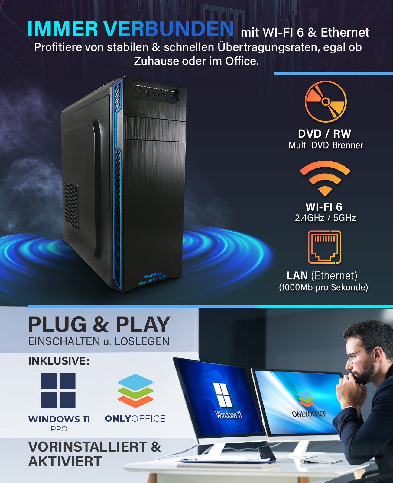 Czarna obudowa PC, niebieskie akcenty, Wi-Fi 6, DVD/RW i ikony Windows 11.