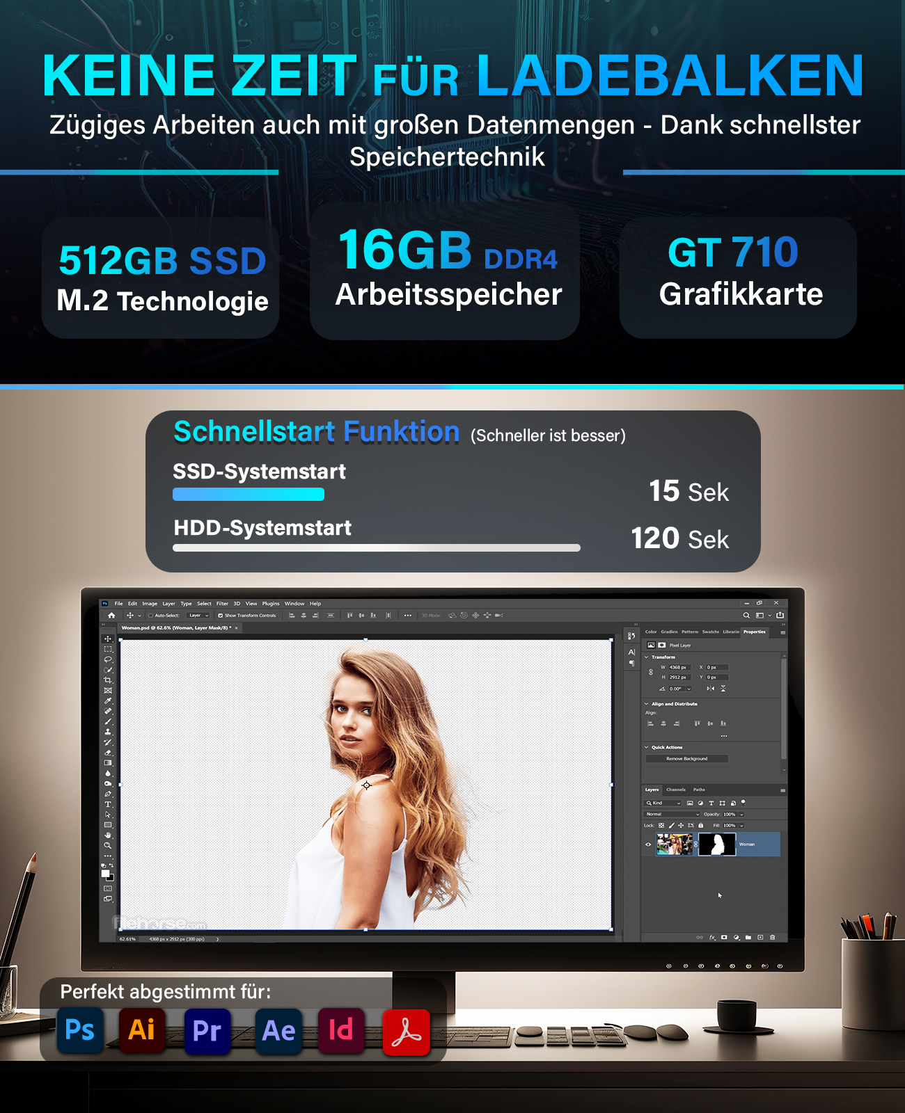 Monitor wyświetlający zdjęcie kobiety, z tekstem o technologii SSD i DDR4 oraz Photoshopie.