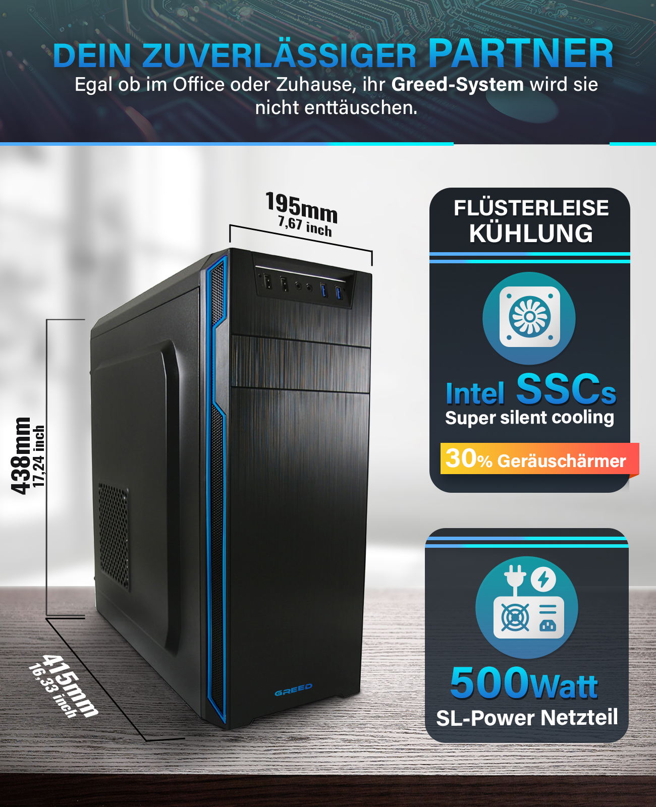 Czarna obudowa PC z niebieskimi akcentami, tekst wymiarowy, specyfikacje.