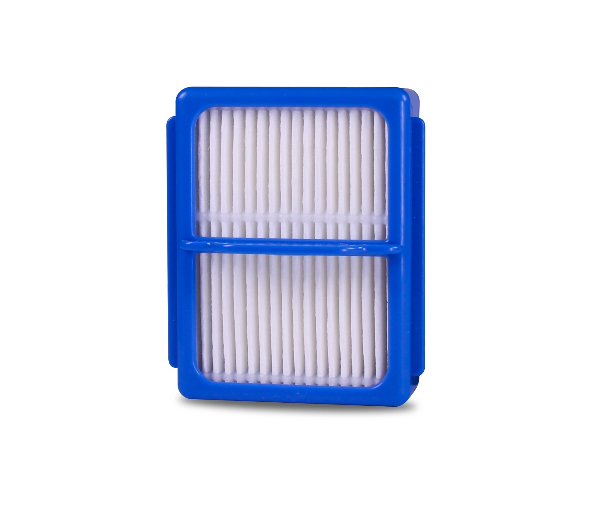 Ein blauer Luftfilter für einen Staubsauger, vor weißem Hintergrund gezeigt.