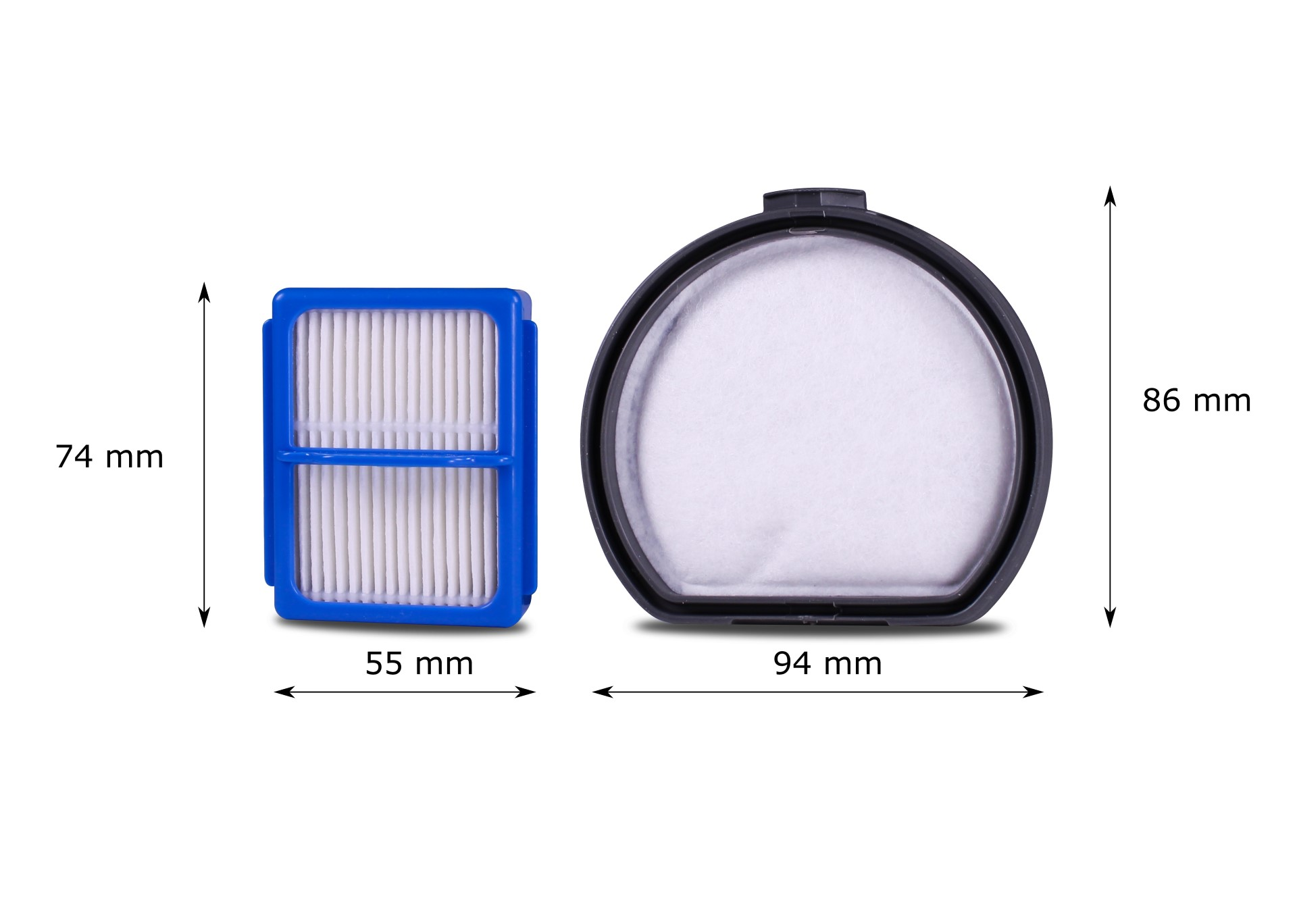 Zwei Filter. Ein blauer rechteckiger Filter und ein weißer kreisförmiger Filter mit Messungen.