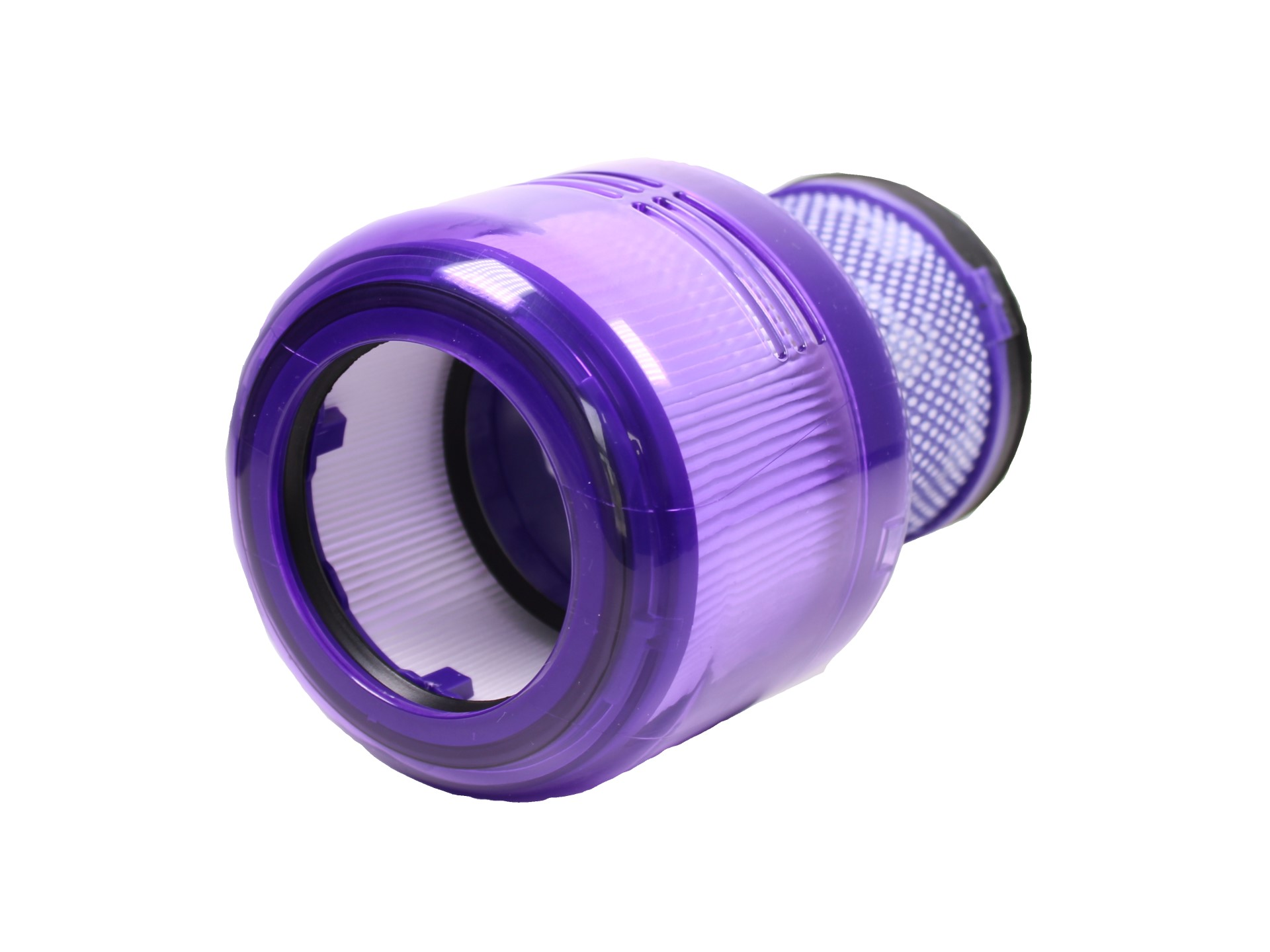 Nahaufnahme eines lila und schwarzen Staubsaugerfilters. Der Filter ist zylindrisch und transparent.