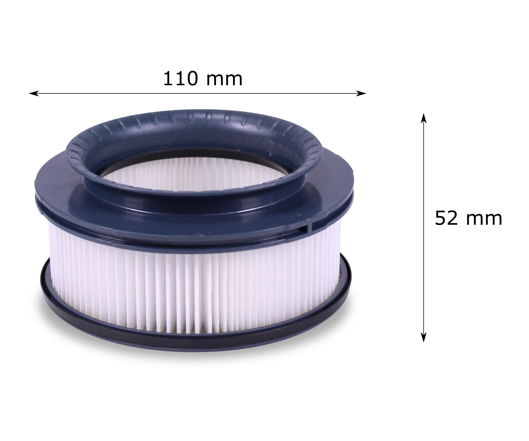 Ein Filter mit Maßen: 110 mm breit, 52 mm hoch. Grau-weißes Farbschema.