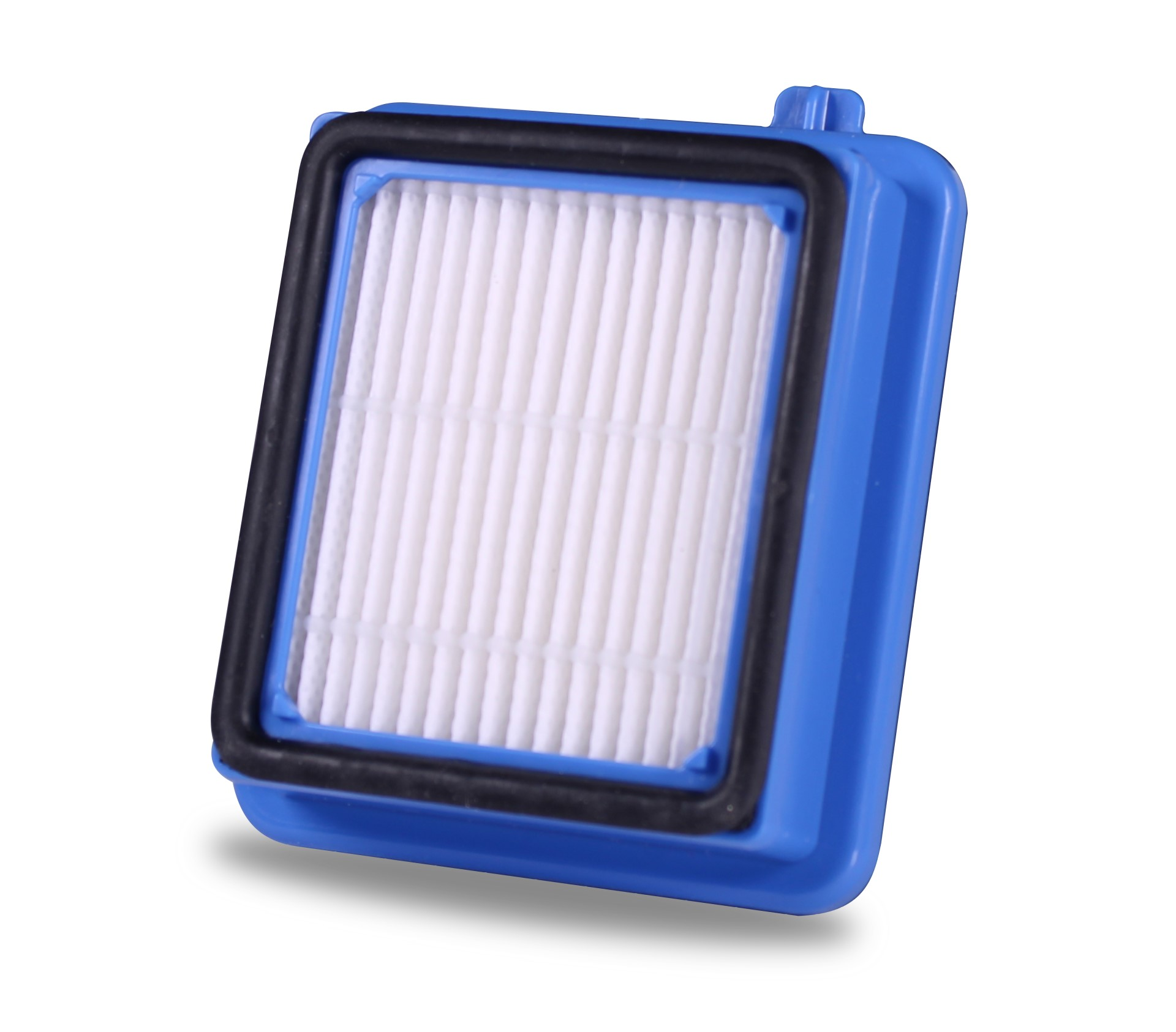 Blau-weißer Luftfilter. Weißes Filtermaterial im blauen Rahmen.