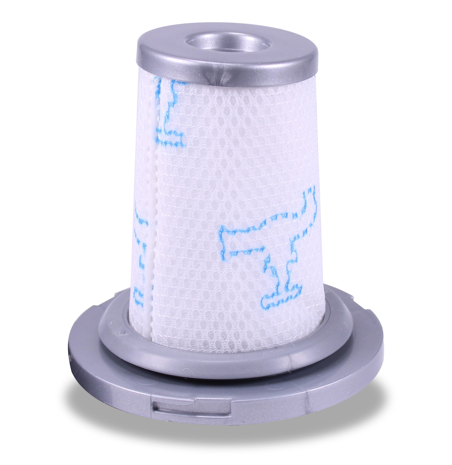 Ein zylindrischer Staubsaugerfilter in Weiß und Grau, mit blauem Design, isoliert auf Weiß.