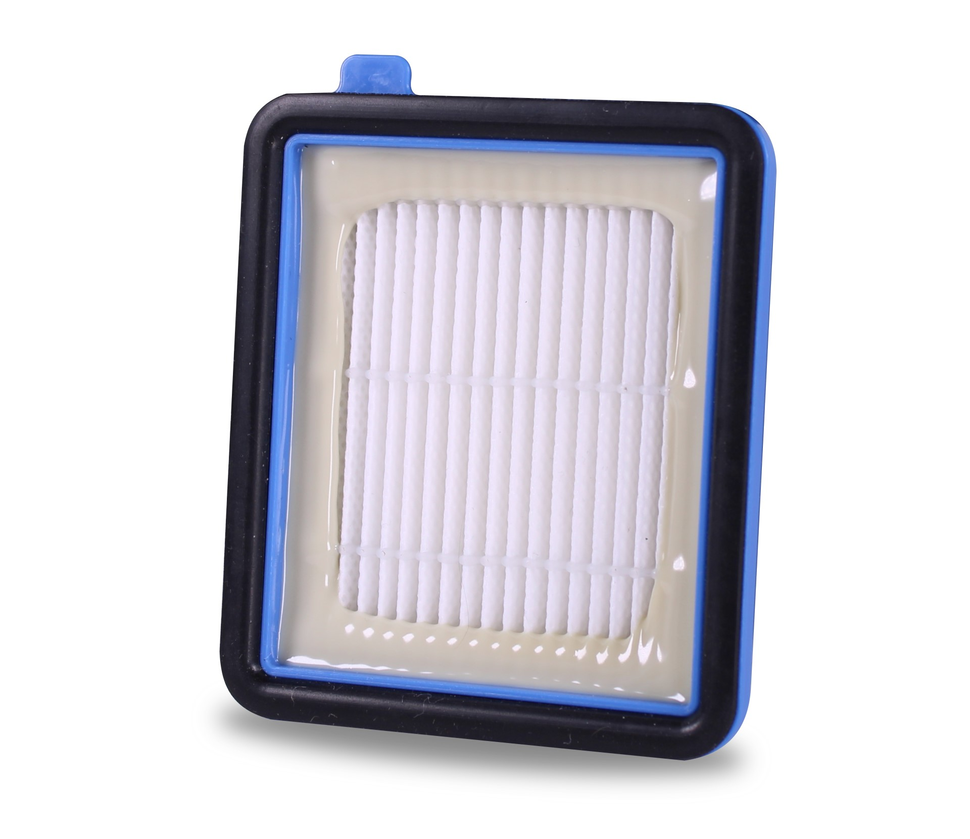 Weißer Filter mit schwarzem und blauem Rahmen. Der Filter hat ein gitterartiges Muster innen.
