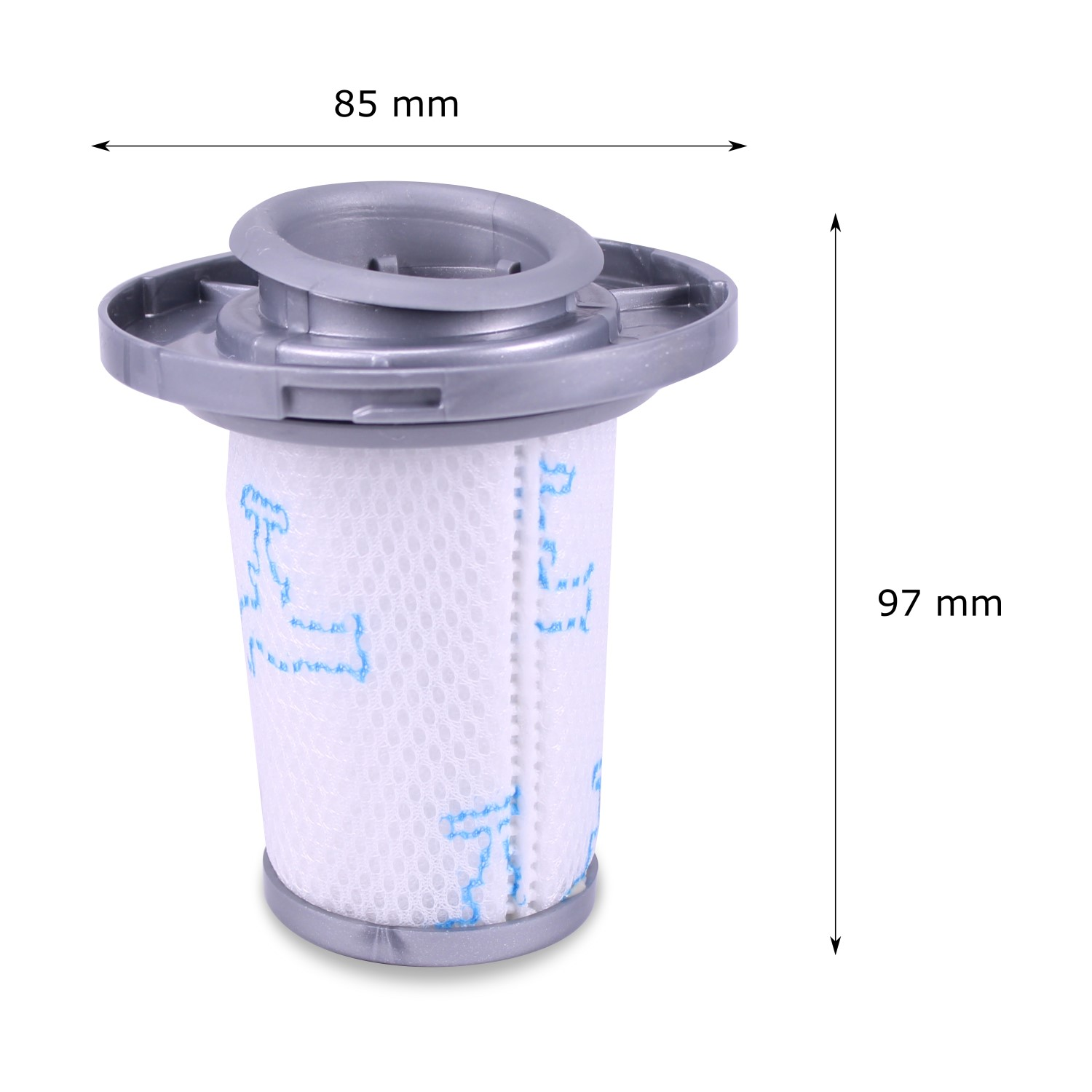 Weißer Staubsaugerfilter mit blauen Akzenten, Abmessungen mit 85 mm und 97 mm beschriftet.