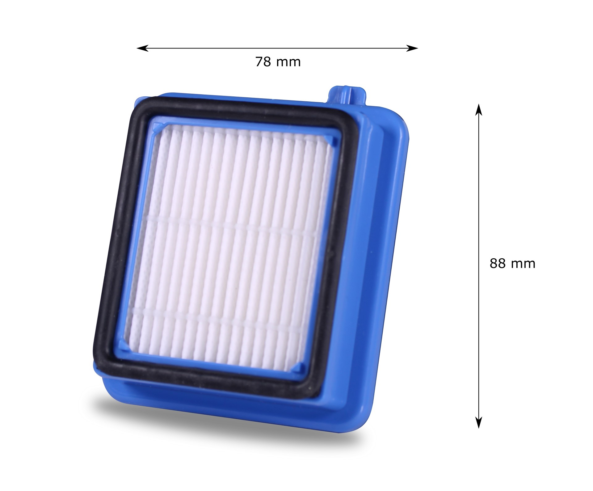 Blauer Luftfilter für Staubsauger, rechteckig, mit Maßangaben.