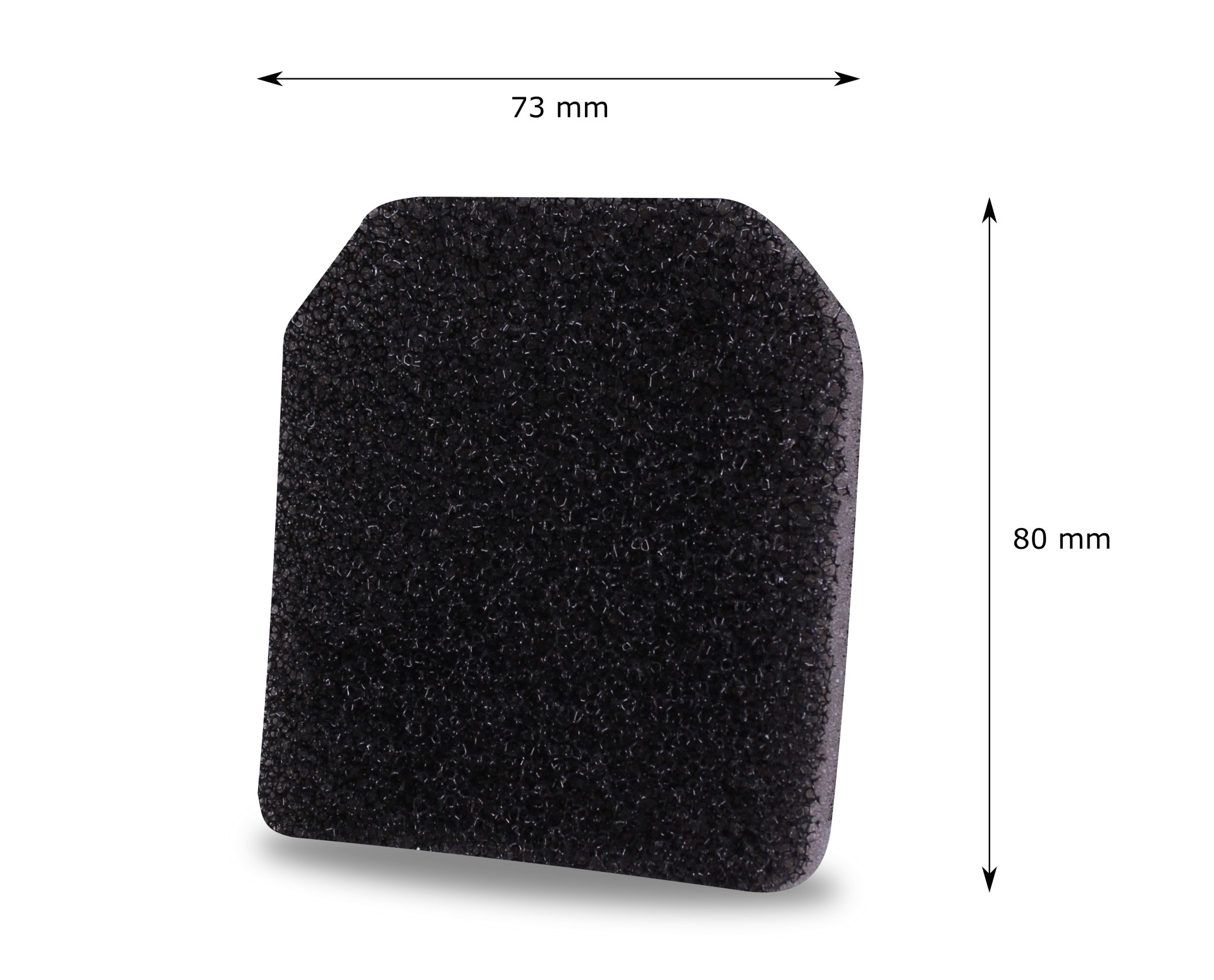 Schwarz strukturiertes Quadrat mit abgerundeten Ecken, Maße 73 mm x 80 mm.