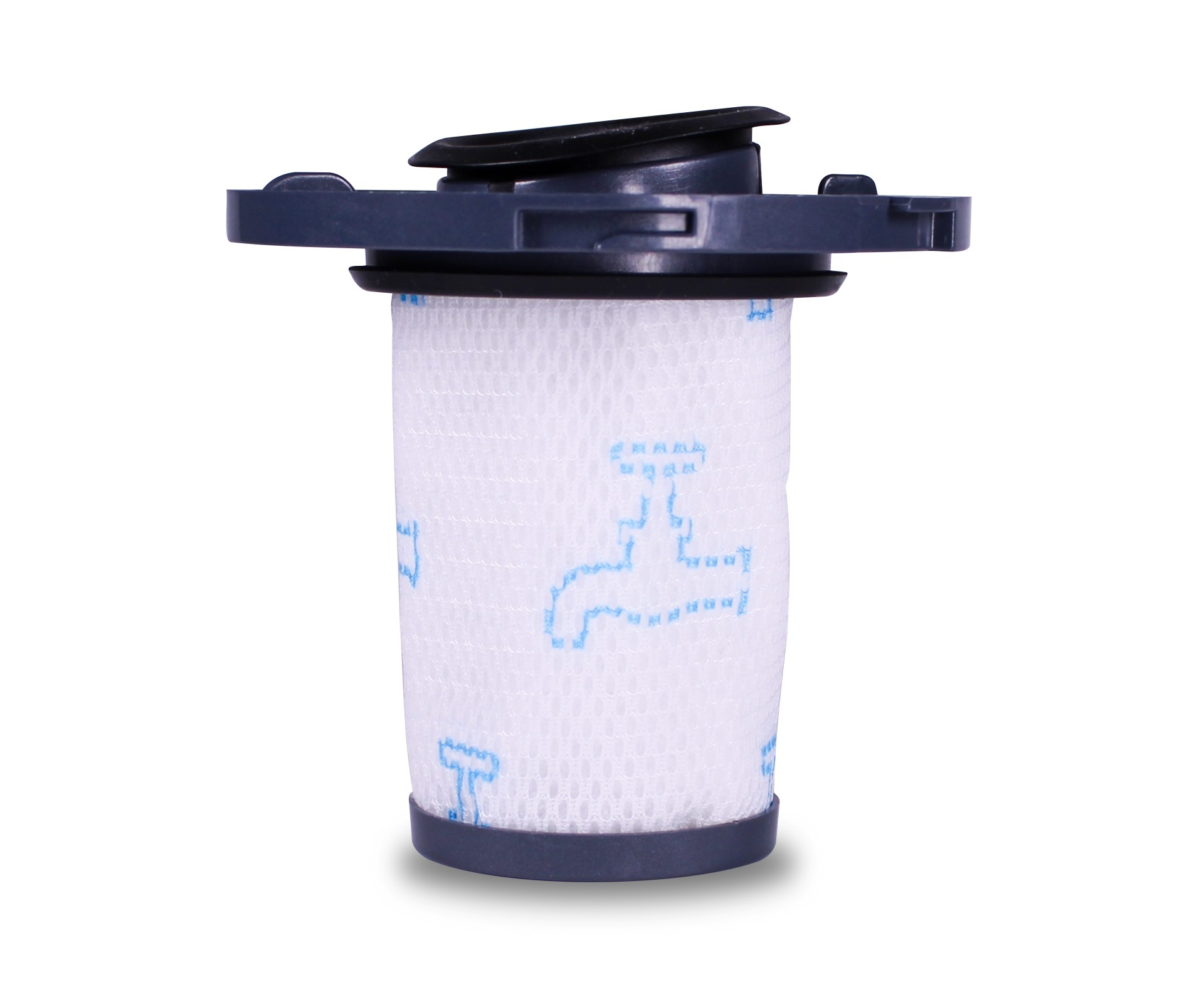 Weißer Filter für einen Staubsauger mit schwarzem Ober- und Unterteil.