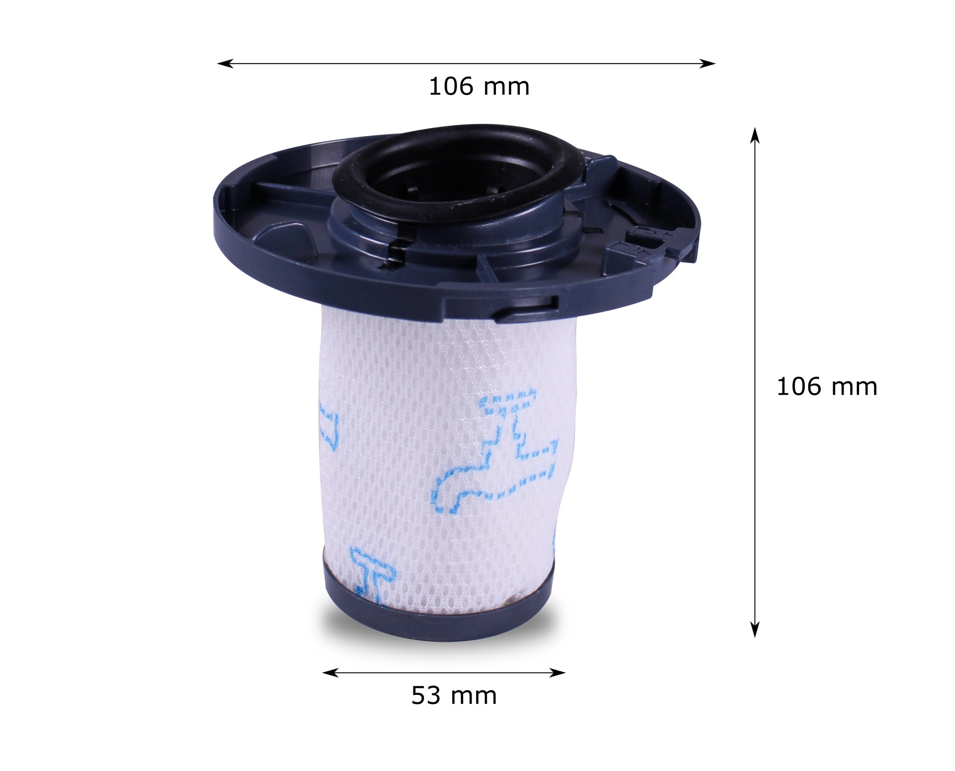 Weiß-blauer Staubsaugerfilter mit in Millimetern beschrifteten Abmessungen vor weißem Hintergrund.