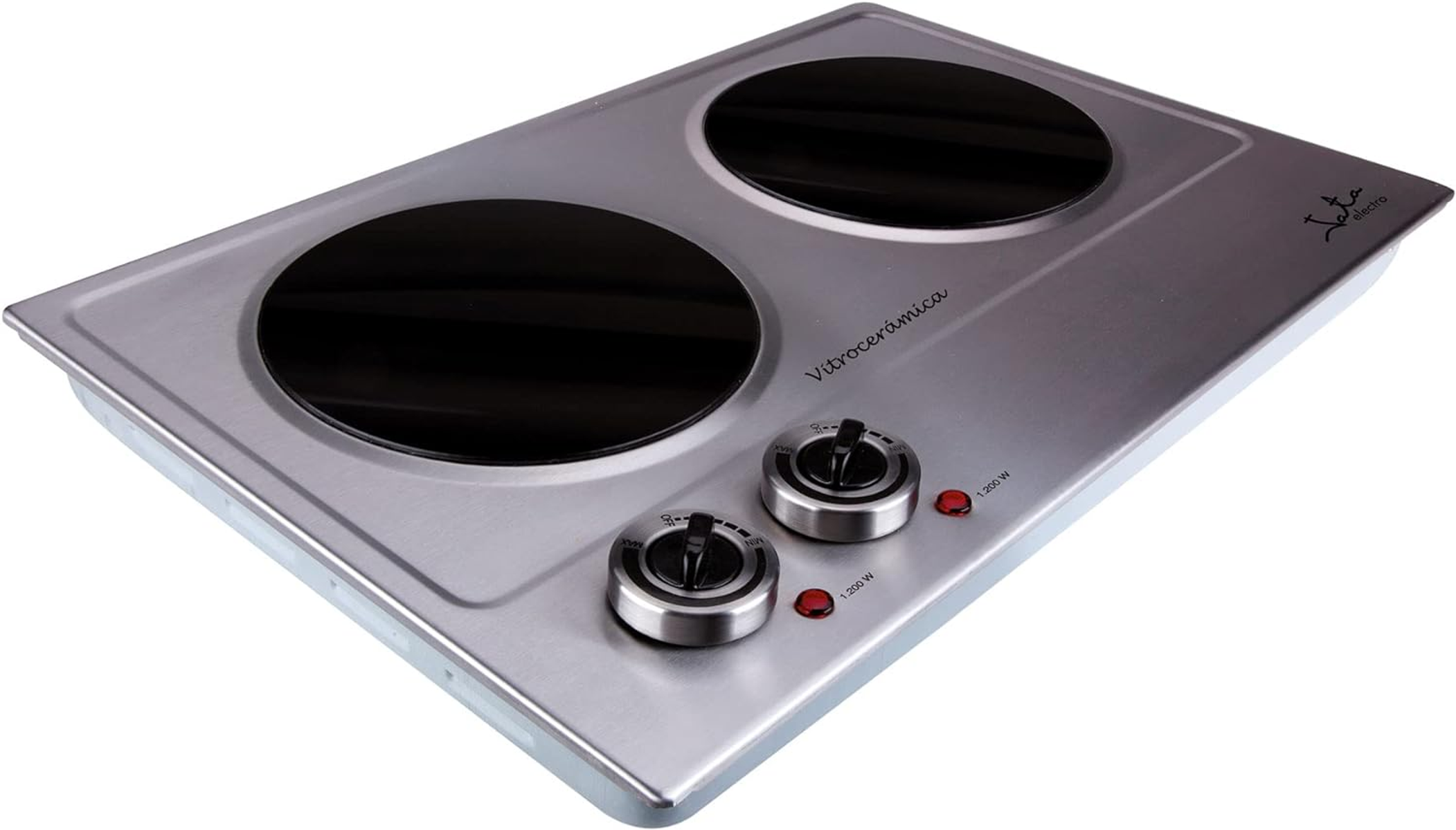 Srebrna, prostokątna, dwupalnikowa elektryczna płyta grzejna z czarnymi szklanymi palnikami i pokrętłami. Na białym tle.