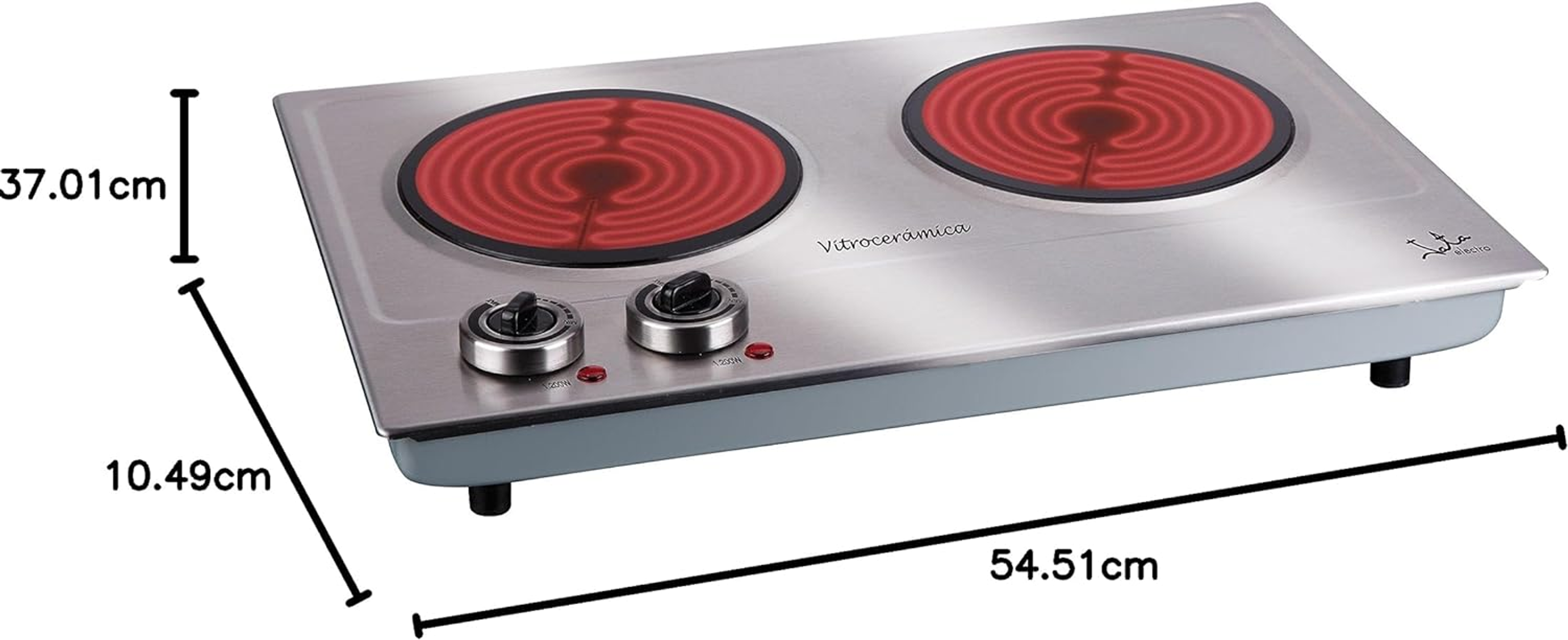 Srebrna płyta elektryczna z wymiarami. Dwa czerwone elementy grzejne, pokrętła i Vitrocerámica.