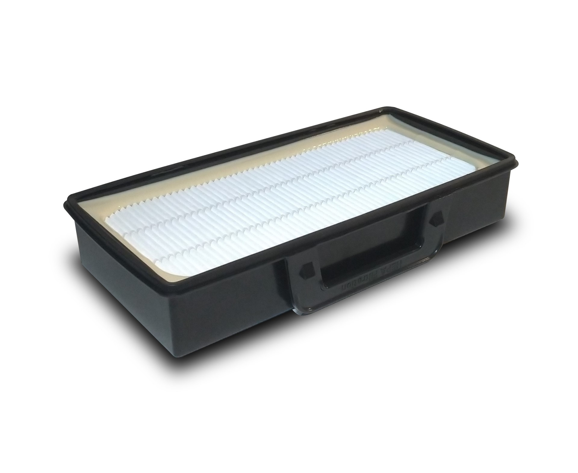 Ein schwarzer Staubsaugerfilter mit einem weißen, plissierten Filter im Inneren.