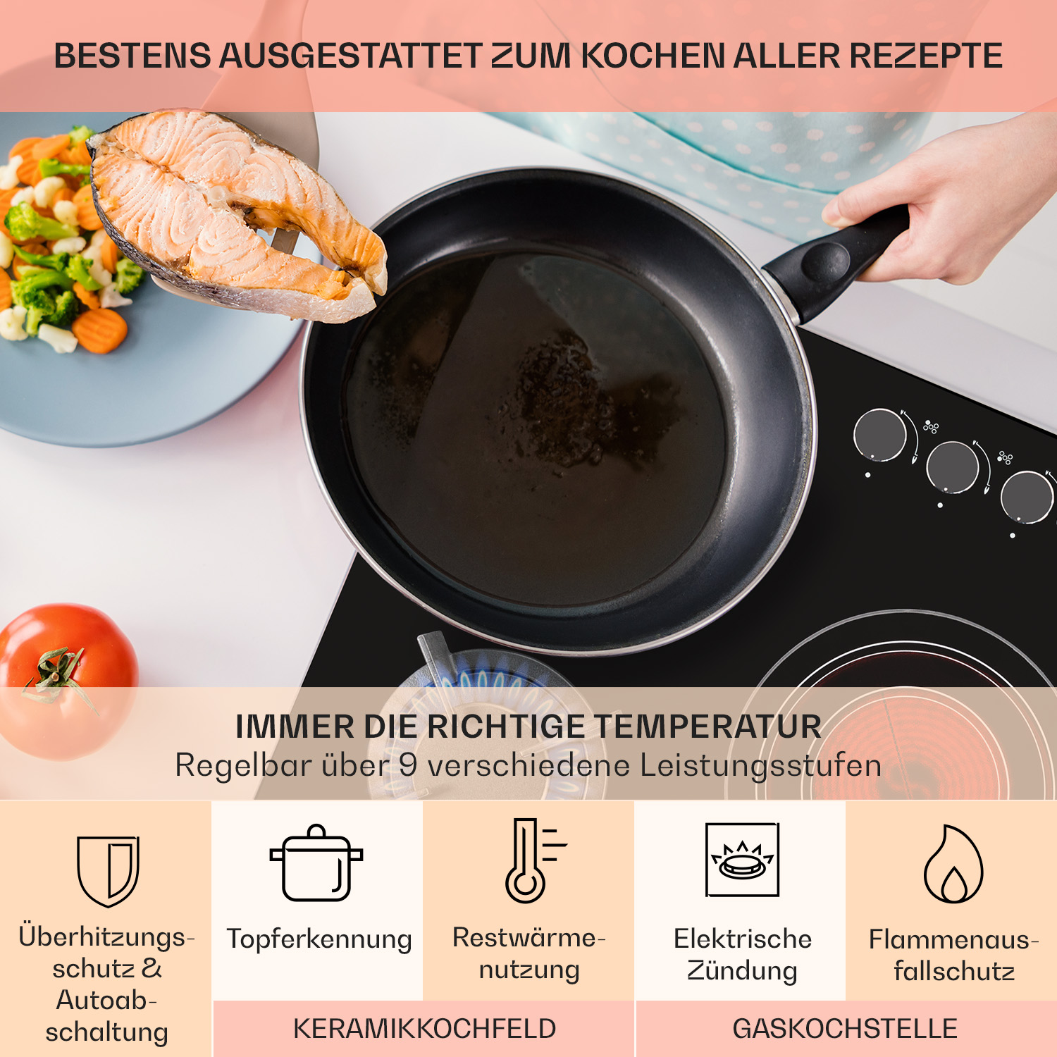 Una superficie de cocción con comida, una mano de mujer y texto sobre control de temperatura.
