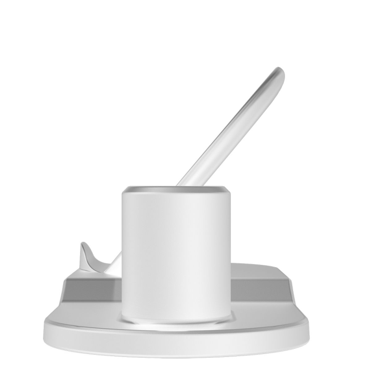 Ein weißer Telefonständer mit Halterung und kleiner Basis. Es ist ein 3D-Rendering auf weißem Hintergrund.