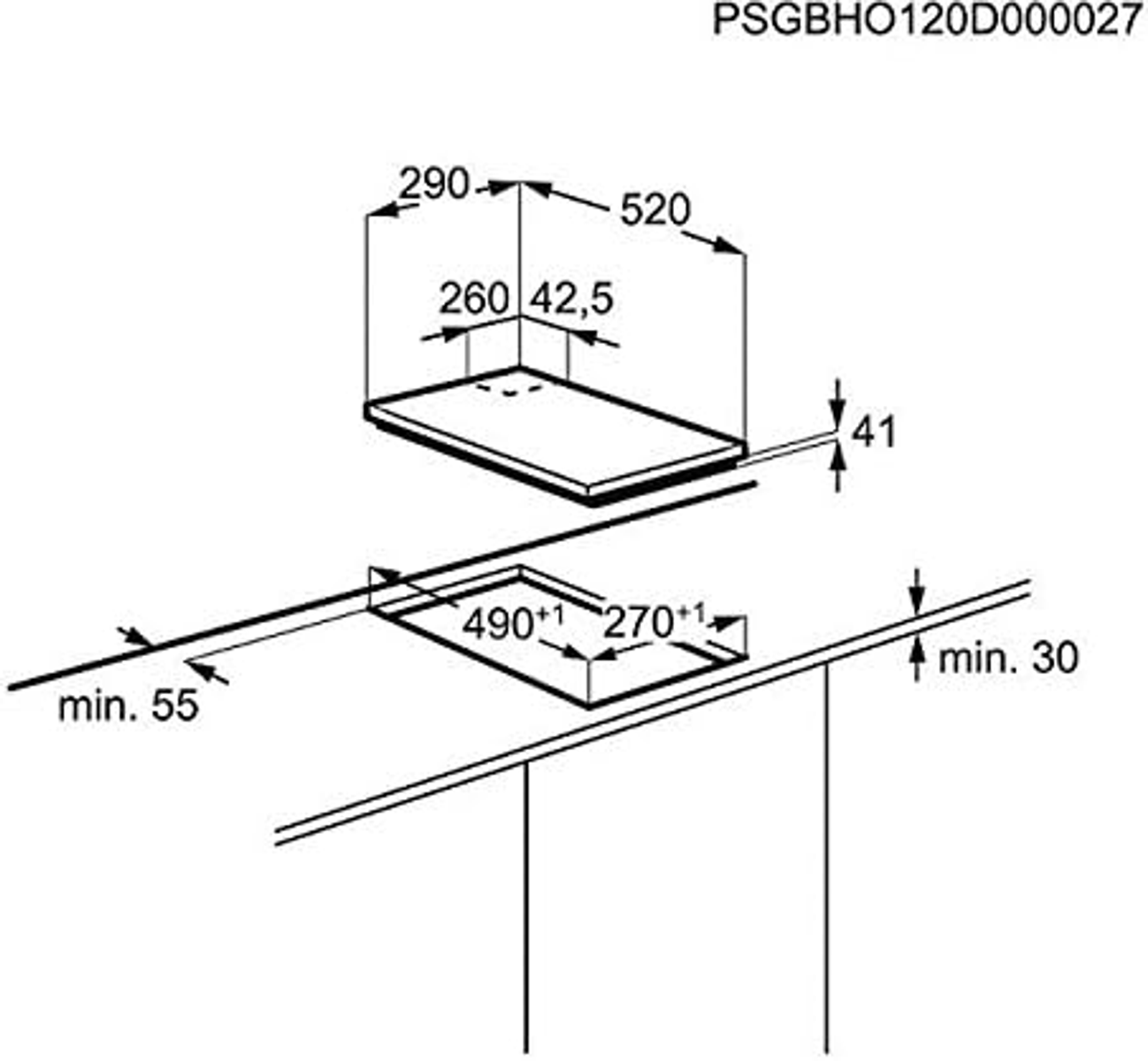 Rysunek techniczny płyty grzewczej do zabudowy. Pokazuje wymiary i szczegóły wycięcia do instalacji.