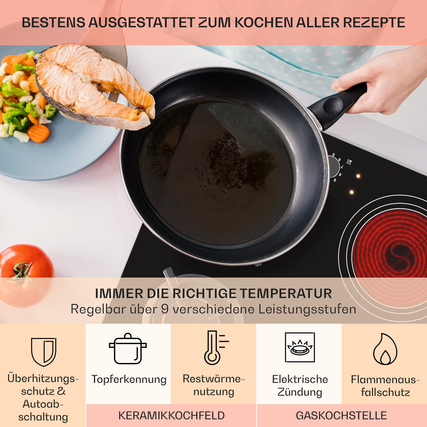 Una padella con cibo su un fornello, con testo sul controllo della temperatura e sulle caratteristiche di sicurezza.