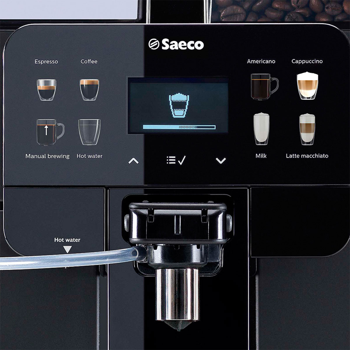 Kaffeemaschine mit Touchscreen, zeigt Kaffeeoptionen. Knöpfe für Espresso, Kaffee und andere Getränke.