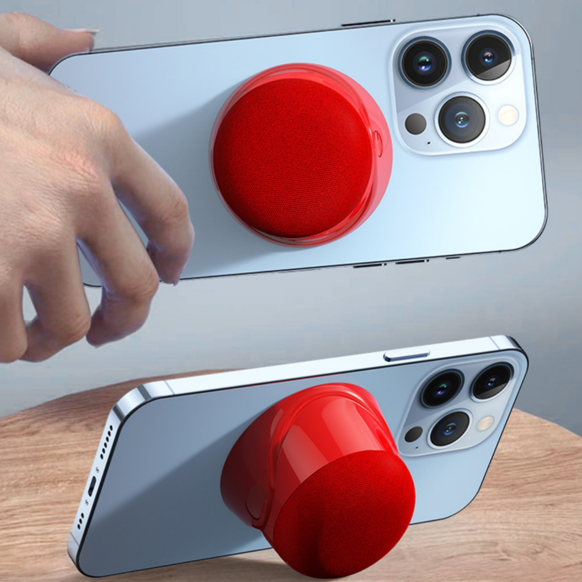 Ein roter Telefonhalter an einem Telefon.