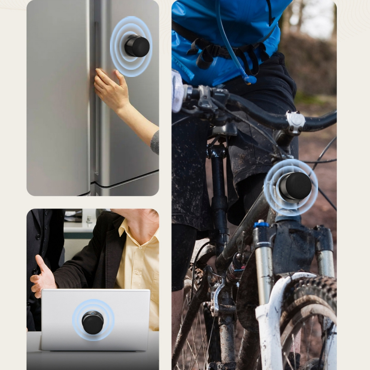 Magnetisches Gerät an Kühlschrank, Fahrrad und Laptop, Illustrationen.