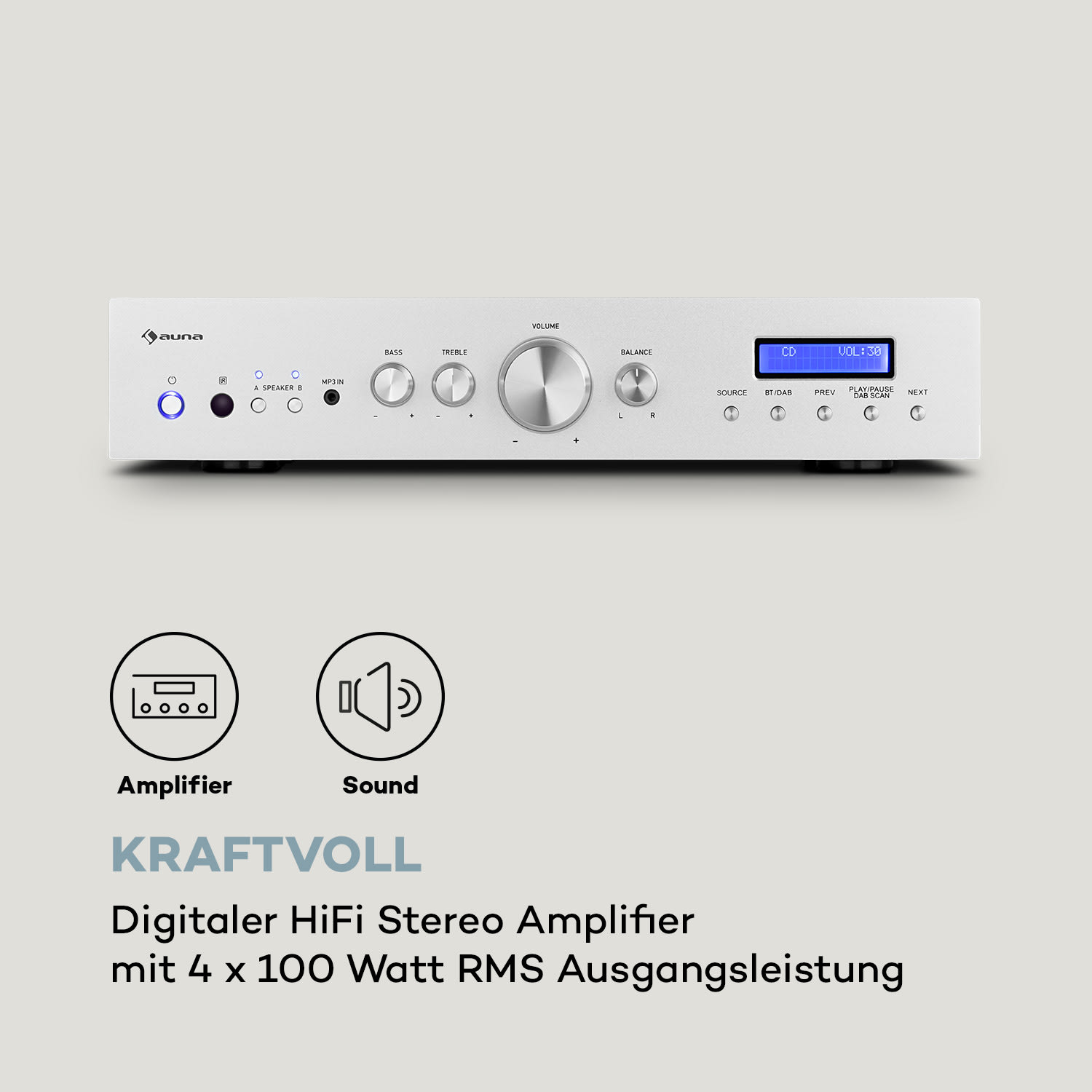 (4-KanalKanäle, Verstärker Kanal, Wattpro Silber) AMP-CD608 DAB 100 AUNA