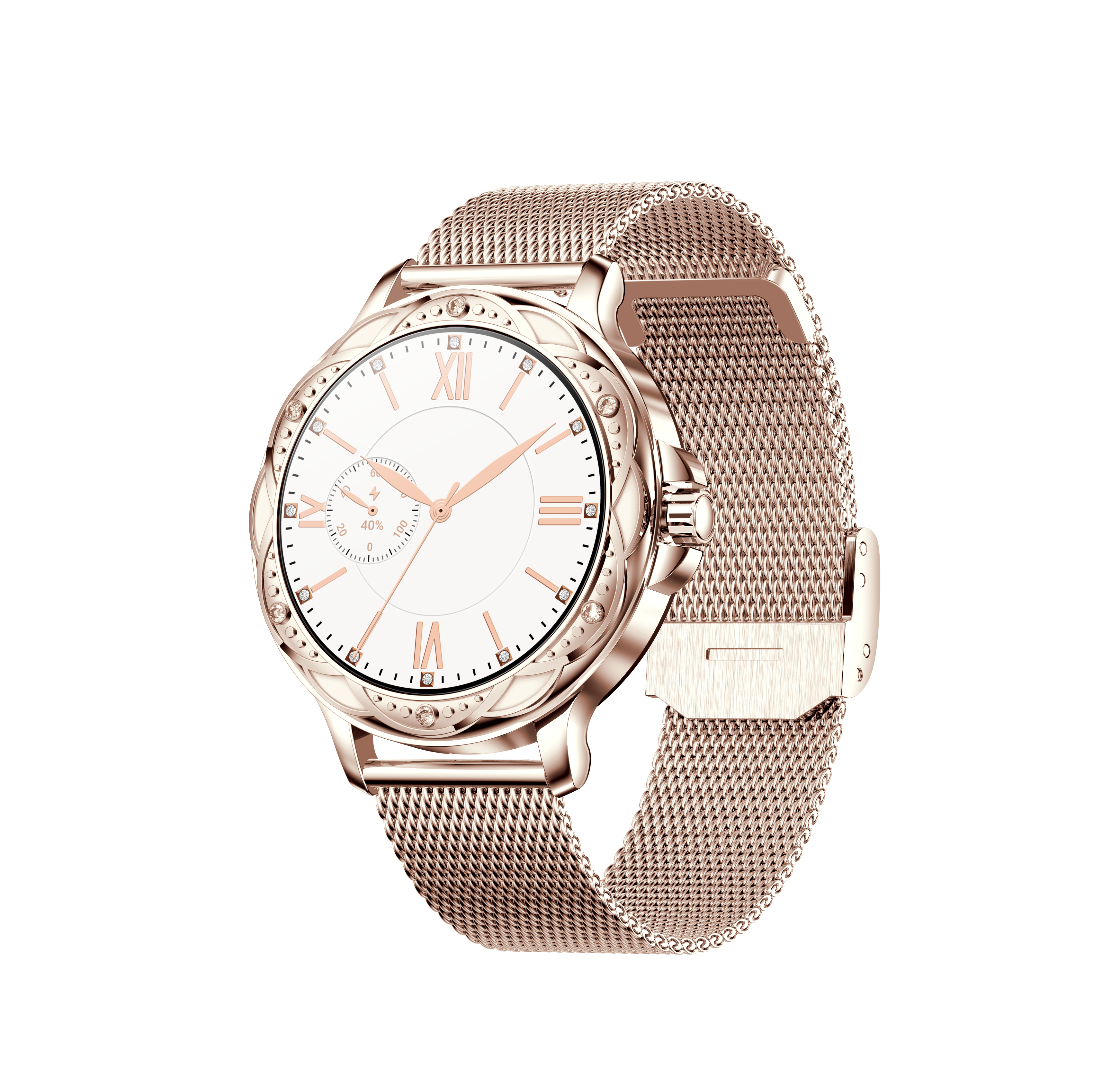 Smartwatch w kolorze różowego złota na czarnym tle. Zegarek ma metalową bransoletę i białą tarczę.