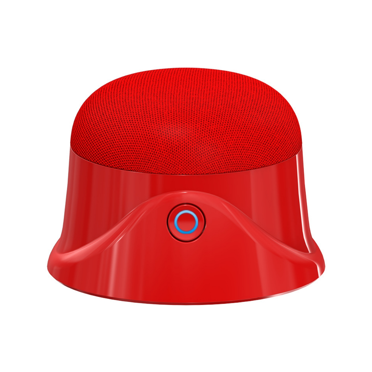 Roter Smart-Lautsprecher auf roter Basis. Kreisförmiger Knopf vorne. Rote, glatte Oberfläche.