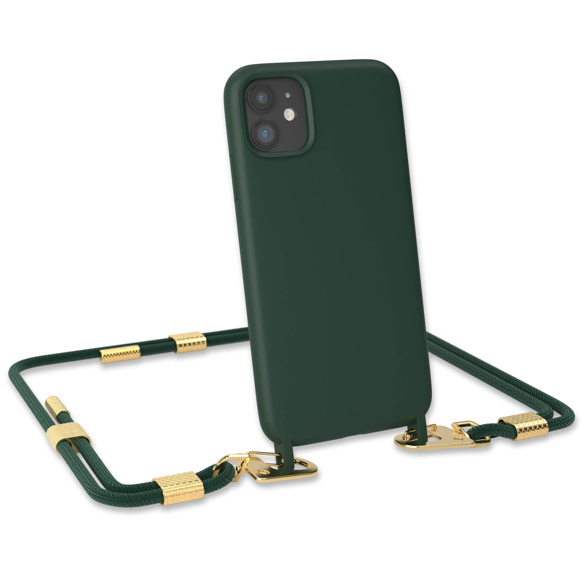 Eine grüne Handyhülle mit grün-goldener Kordel. Das Telefon ist dunkelgrün.
