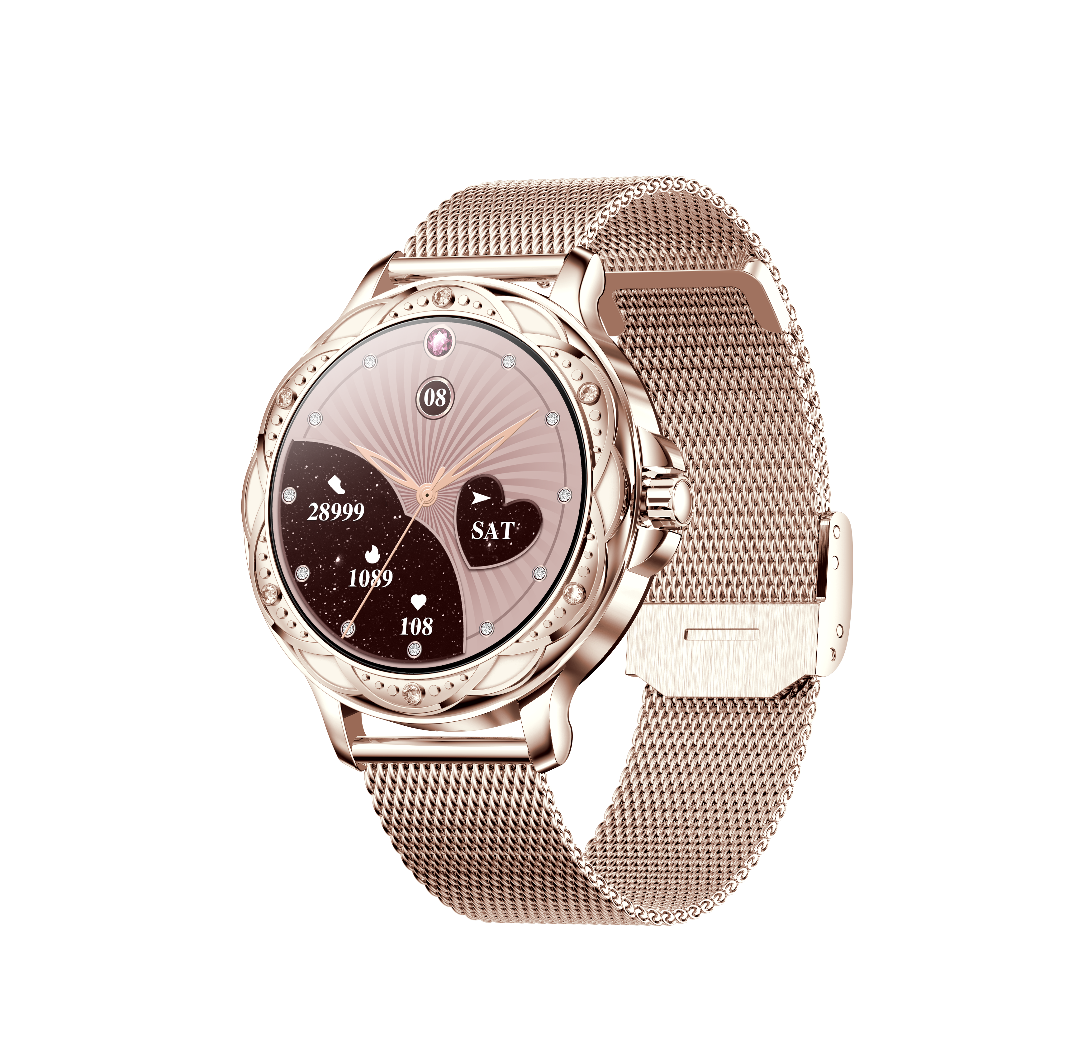 Zegarek smart w kolorze różowego złota z siatkowym paskiem, wyświetlający czas i dane.