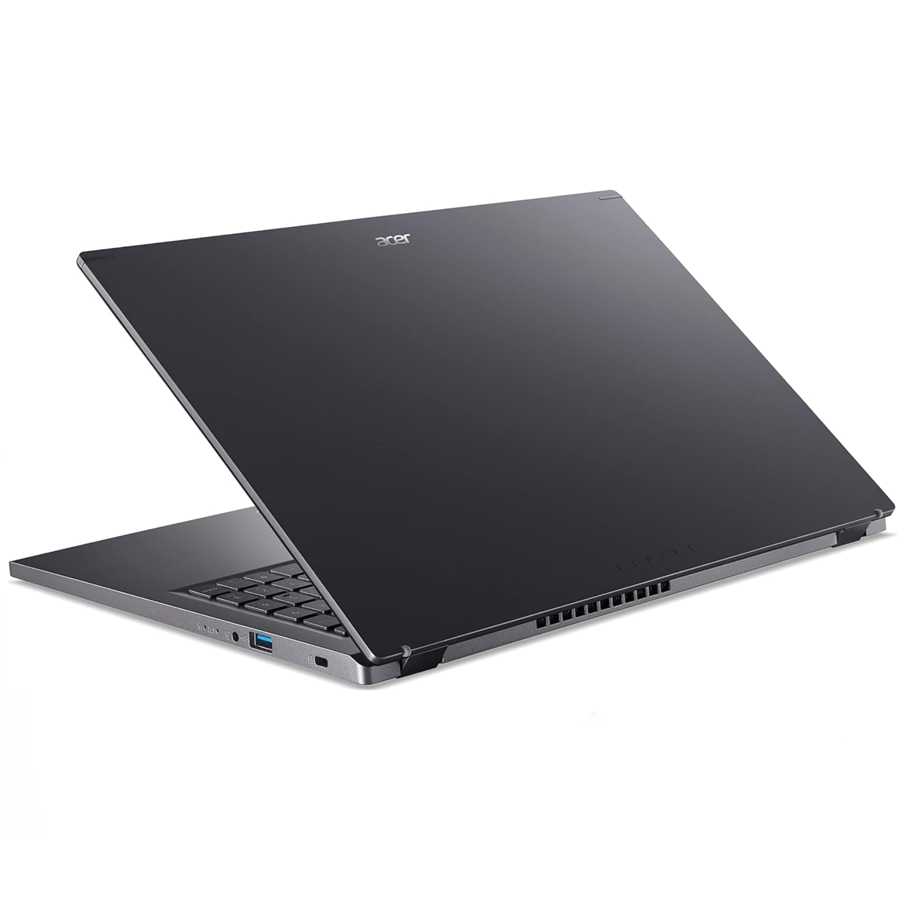 Schwarzer Laptop, teilweise geöffnet, zeigt Tastatur und Bildschirm. Acer-Logo oben.