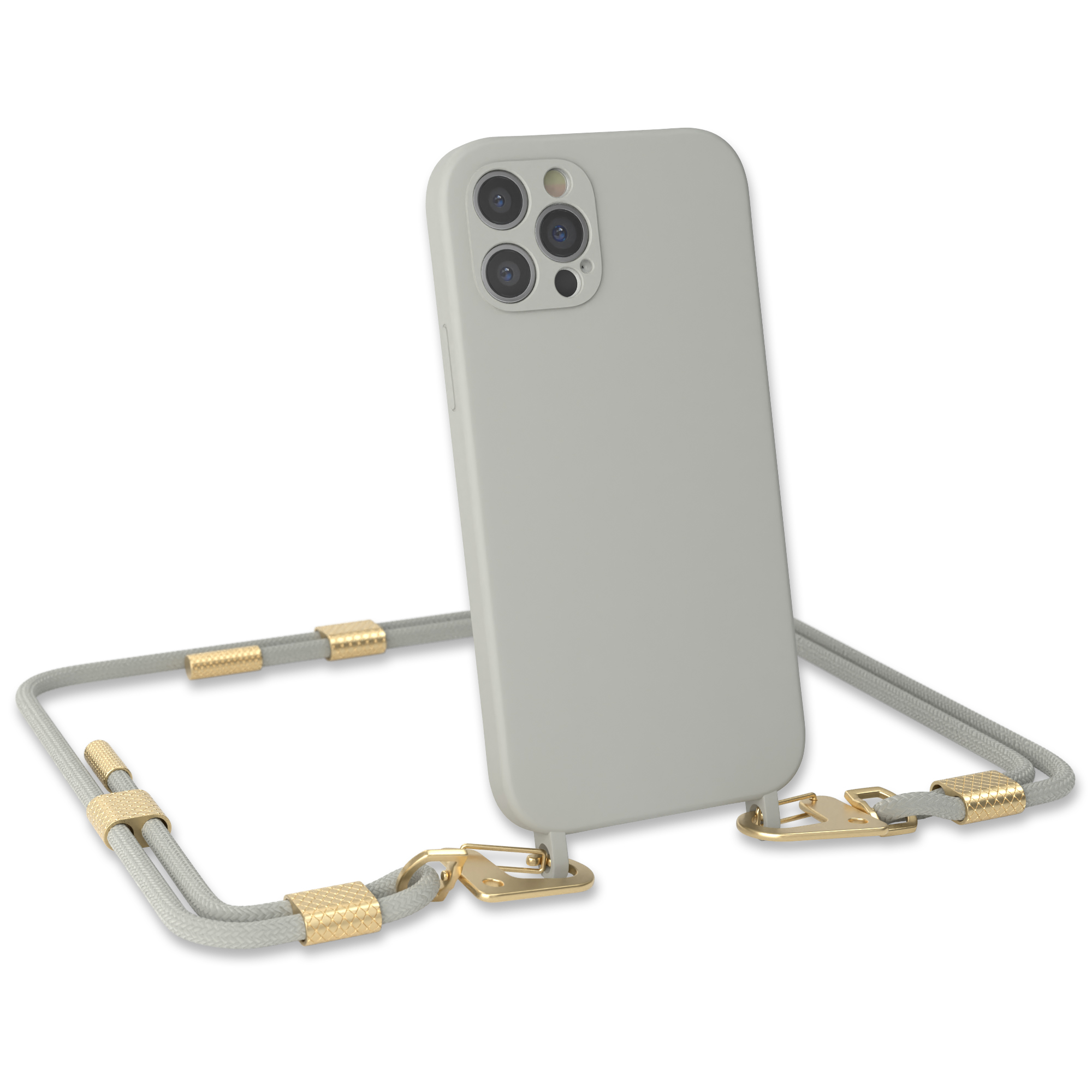 Ein hellgraues Telefon mit passender Hülle und grauem Lanyard mit goldenen Details.