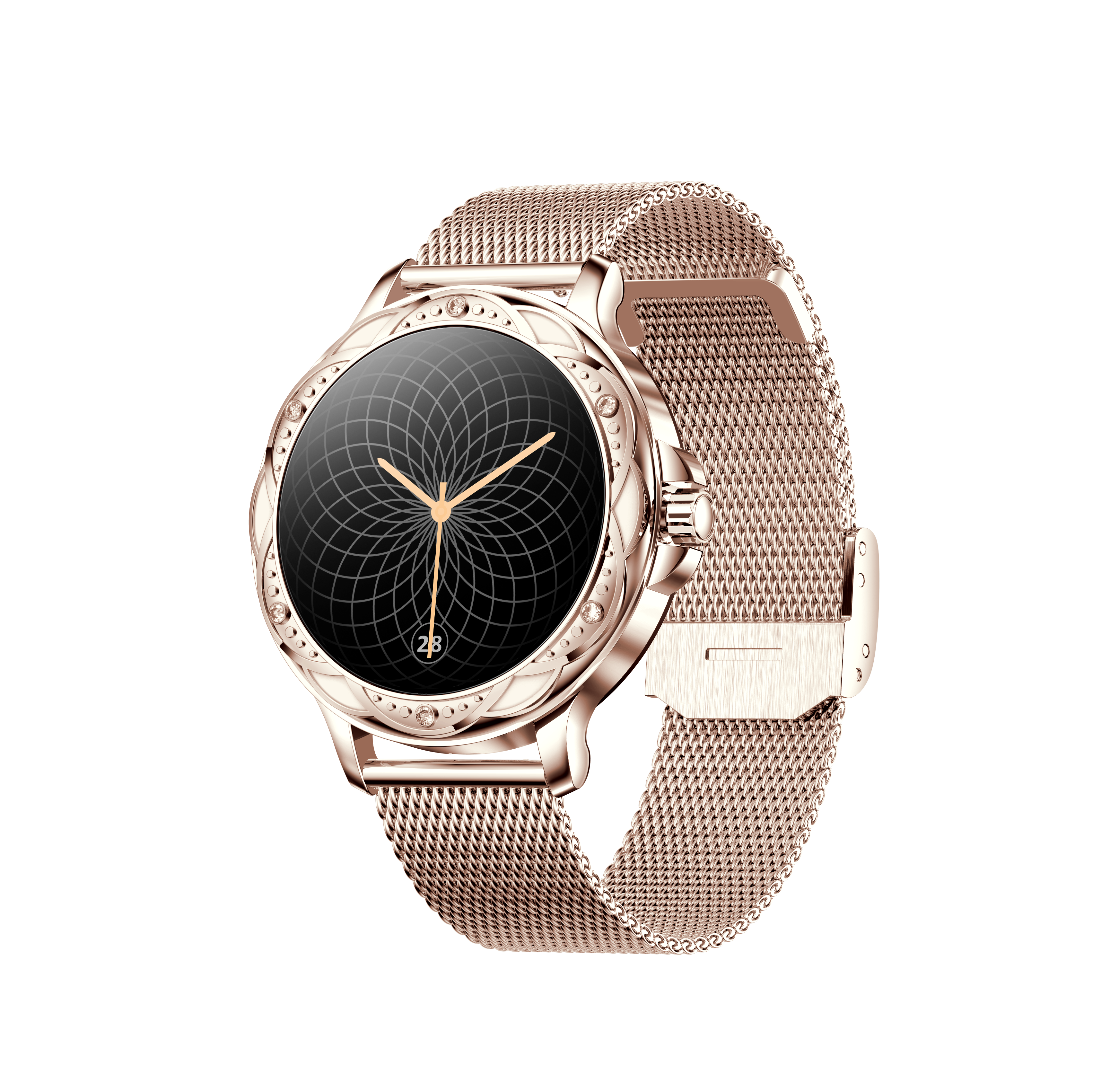 Zegarek smartwatch w kolorze różowego złota z bransoletą z siatki. Czarny wyświetlacz z kwiatowym wzorem i wskazówkami. Czarne tło.