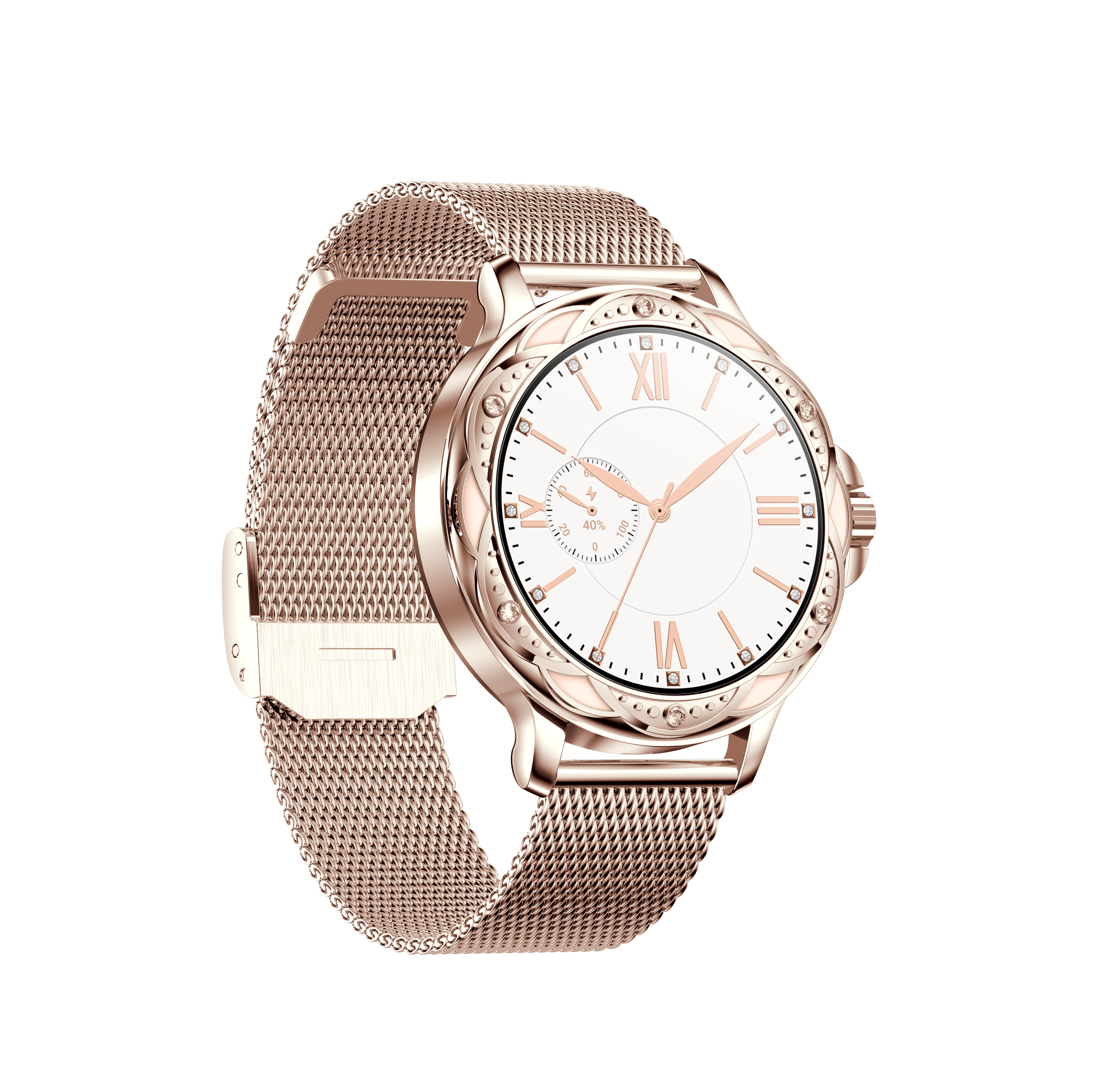 Zegarek smartwatch w kolorze różowego złota z siatkowym paskiem, białą tarczą i rzymskimi cyframi.