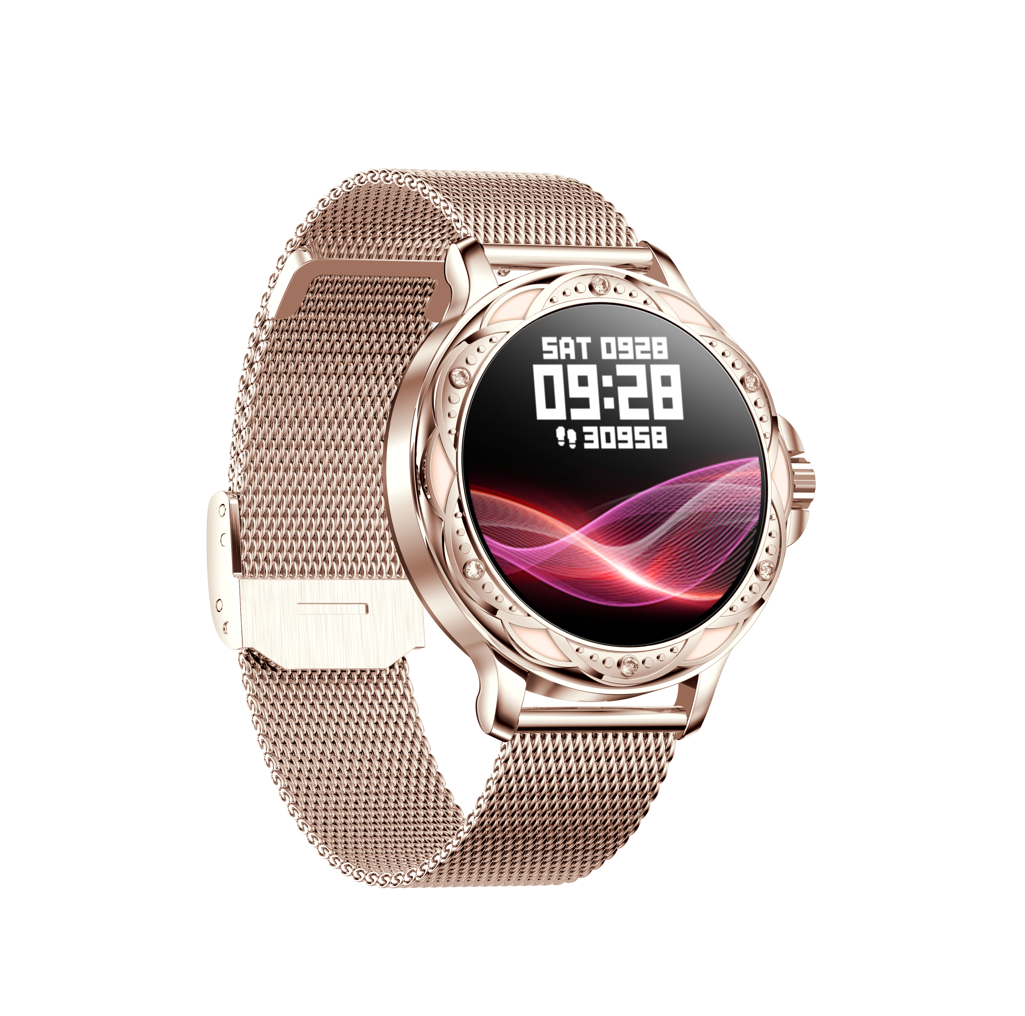 Złoty smartwatch na czarnym tle, wyświetlający datę i godzinę.