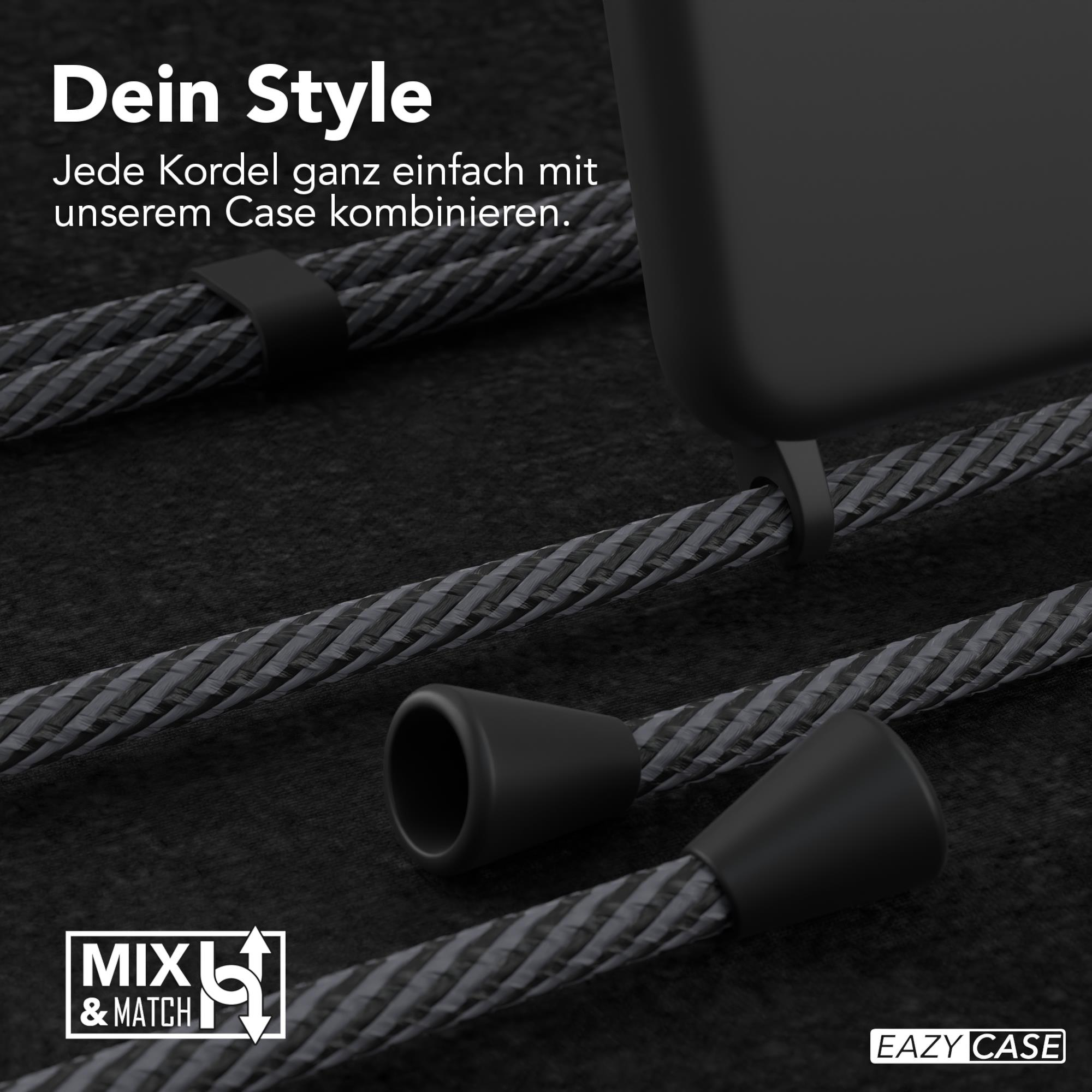 Nahaufnahme von Handyhüllen-Kordeln und -Anschlüssen. Text: Dein Style, Logo: MXL & MATCH, EAZY CASE.