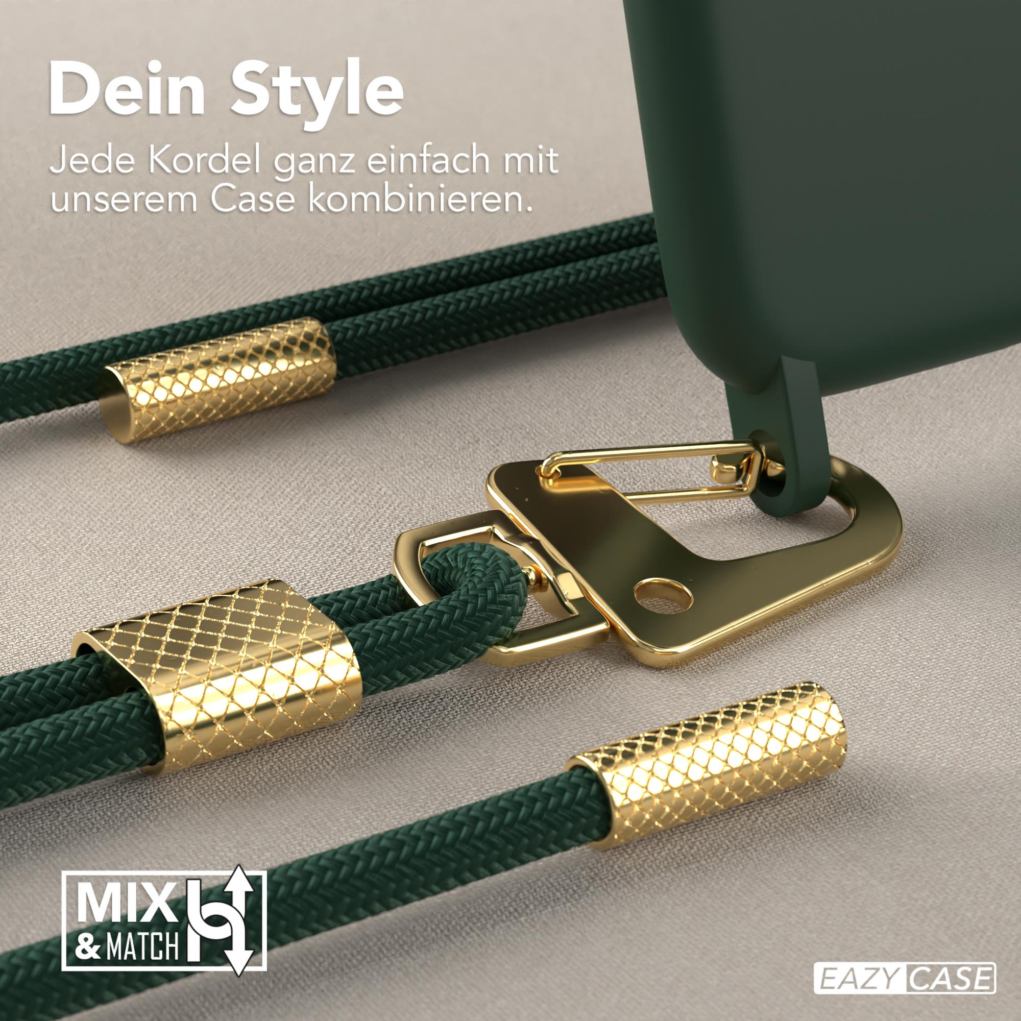 Nahaufnahme einer grünen Handyhülle mit goldfarbenem Kordel und Zubehör.