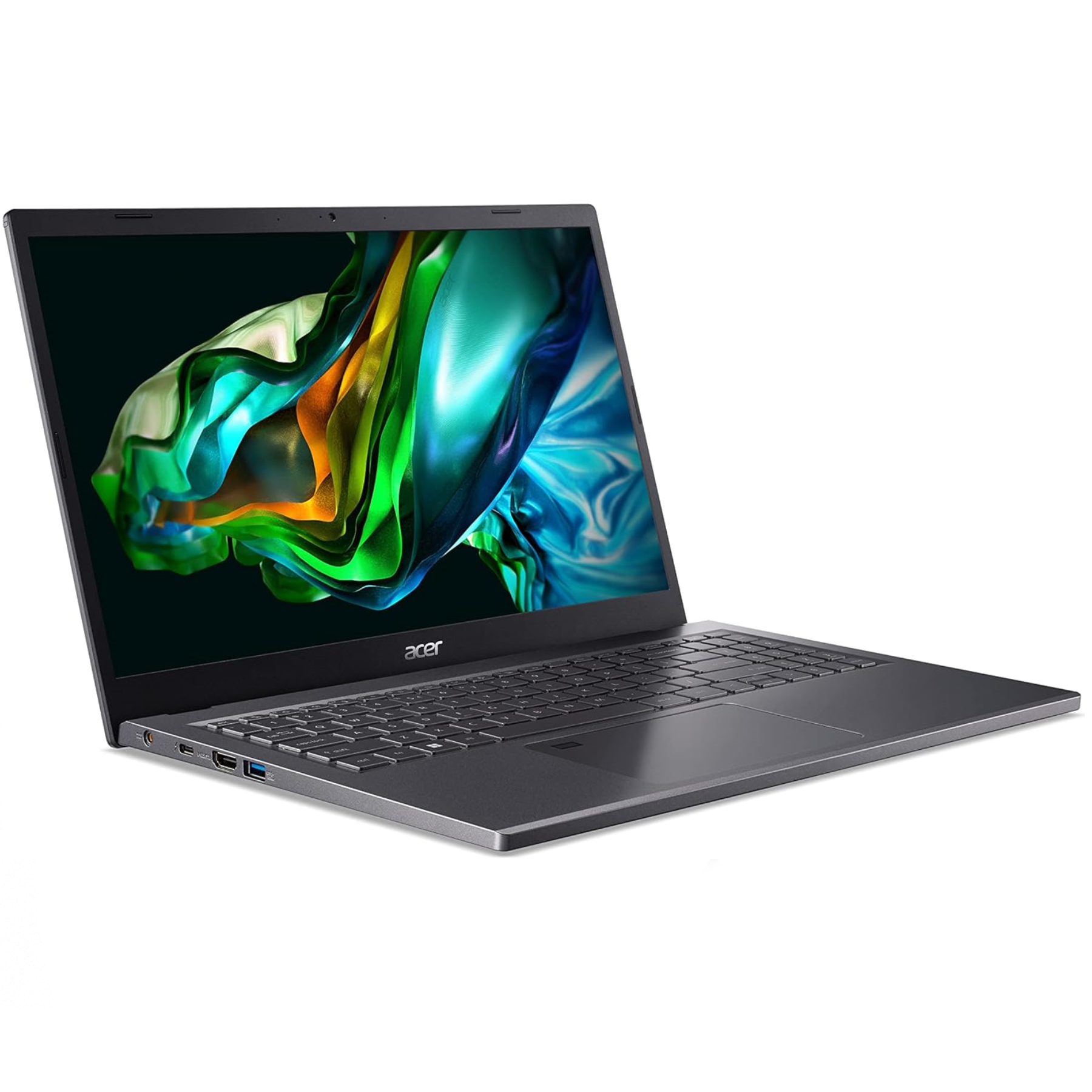 Laptop mit farbenfrohem Bildschirm, geöffnet auf weißer Oberfläche.