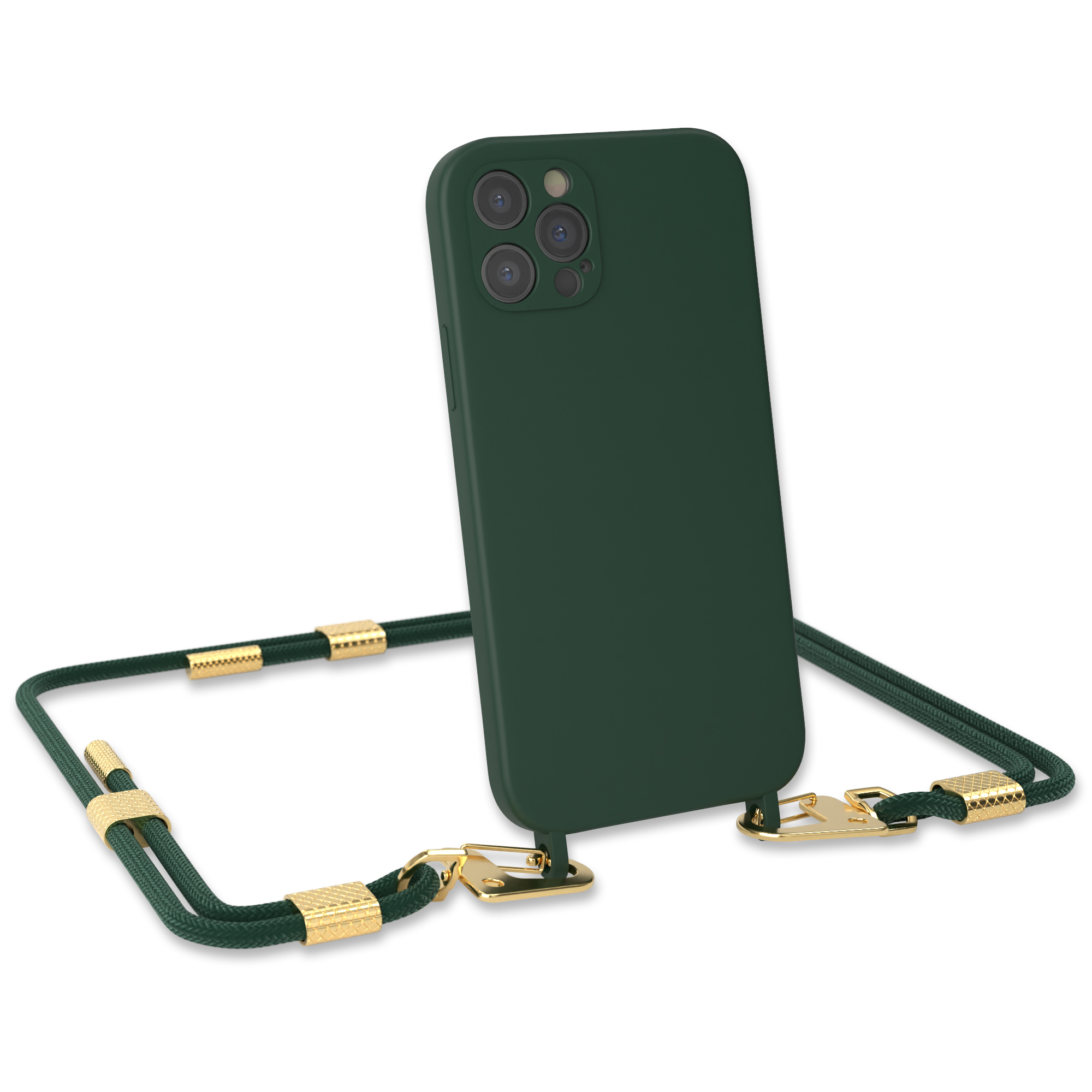 Grüne Handyhülle mit goldener Kette. Das Telefon ist grün. Die Kette ist gold.