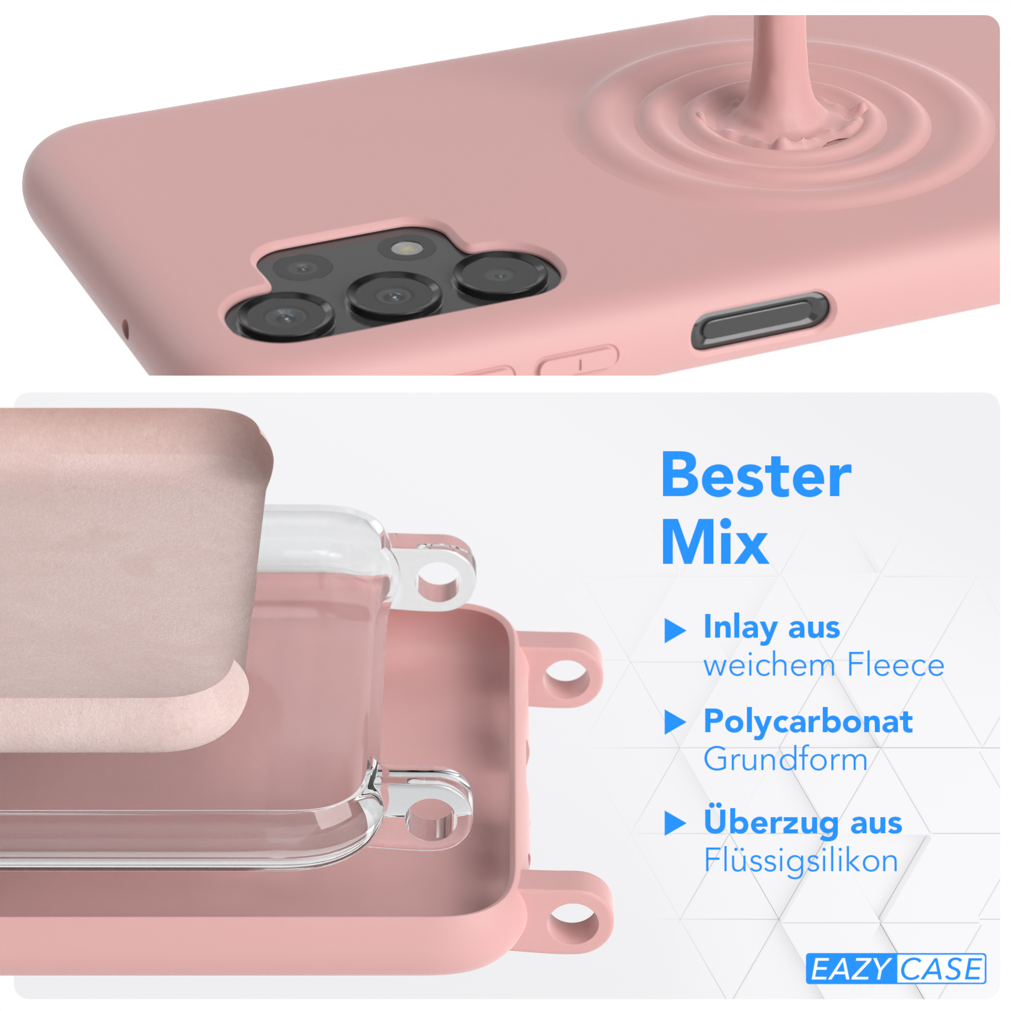 Eine pinkfarbene Handyhülle zeigt ihre Schichten: Fleece-Inlay, Polycarbonat-Basis und Flüssigsilikon-Überzug.