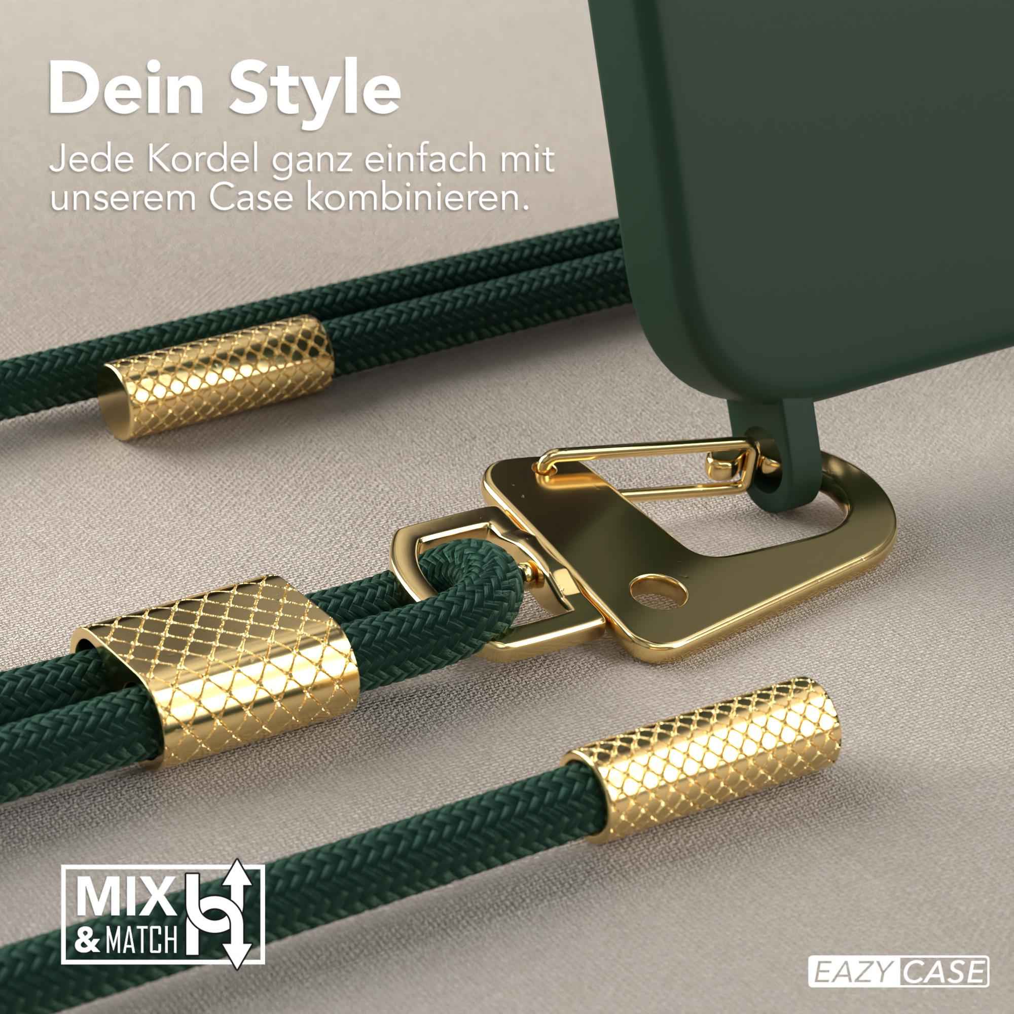 Nahaufnahme einer grünen Handyhülle mit grüner und goldener Kordel und goldenem Verschluss.
