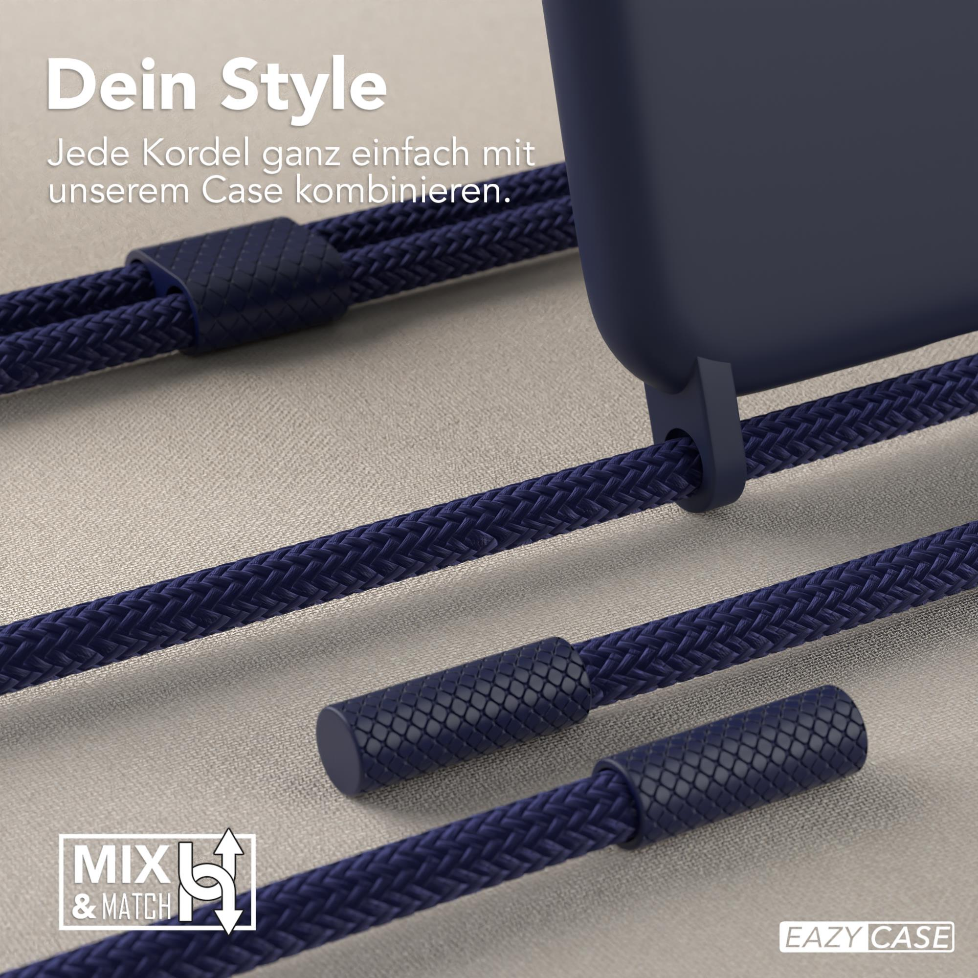 Nahaufnahme von verschlungenen marineblauen Handyhüllen-Kordeln, die ein stilvolles Design zeigen.